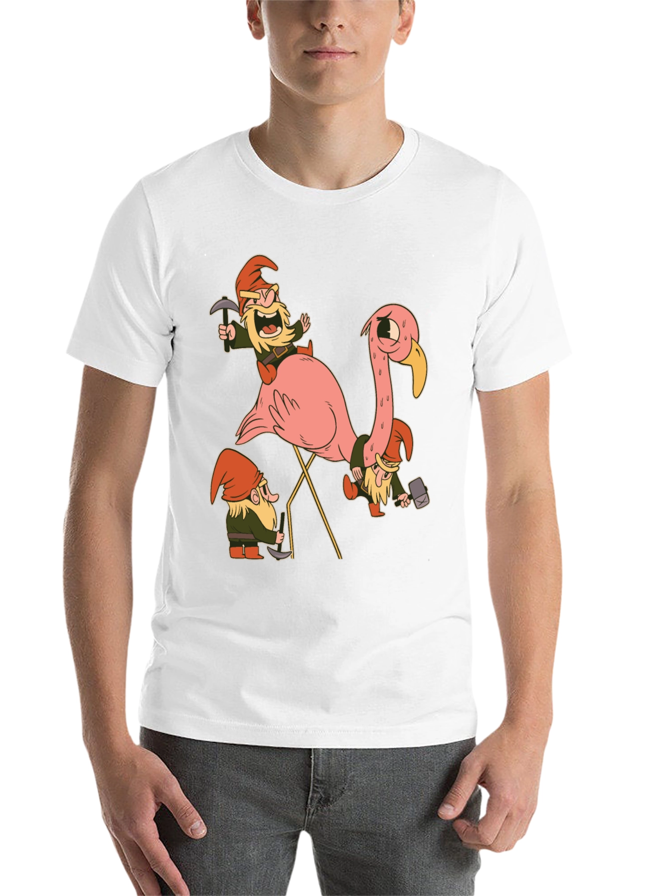 Black Gnomes Riding Flamingo Black T-Shirt view 14
