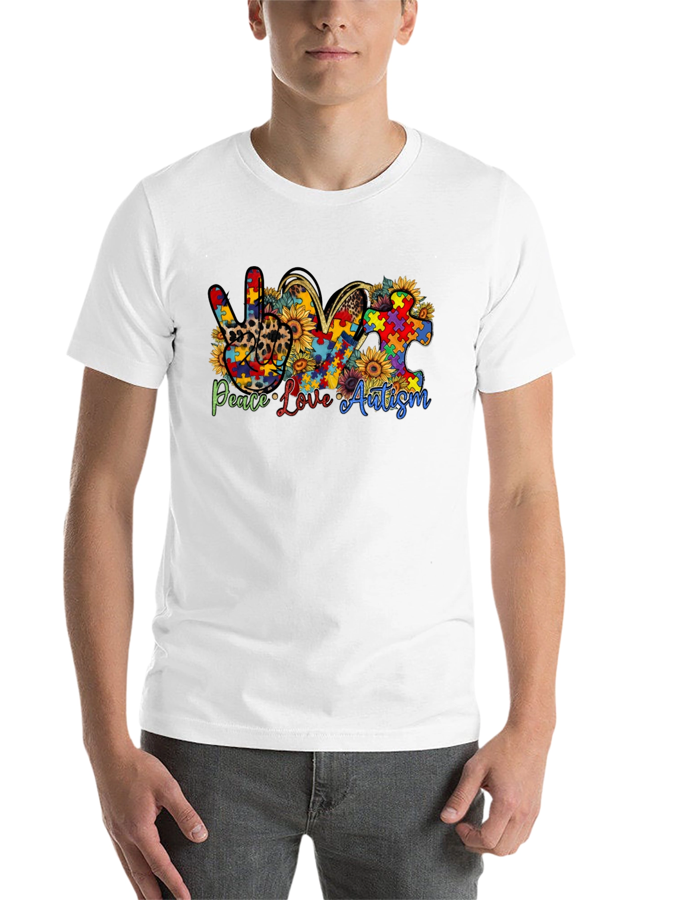 Black Peace Love Autism Awareness T-Shirt view 14