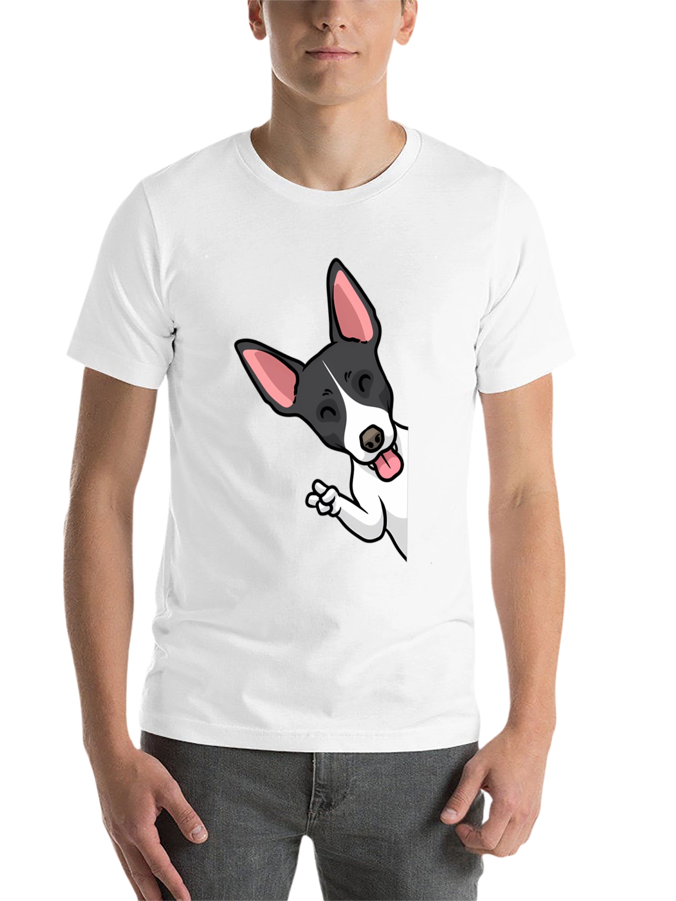 Black Cartoon Dog Peek-a-Boo Graphic Tee - Unisex Black T-Shirt view 14