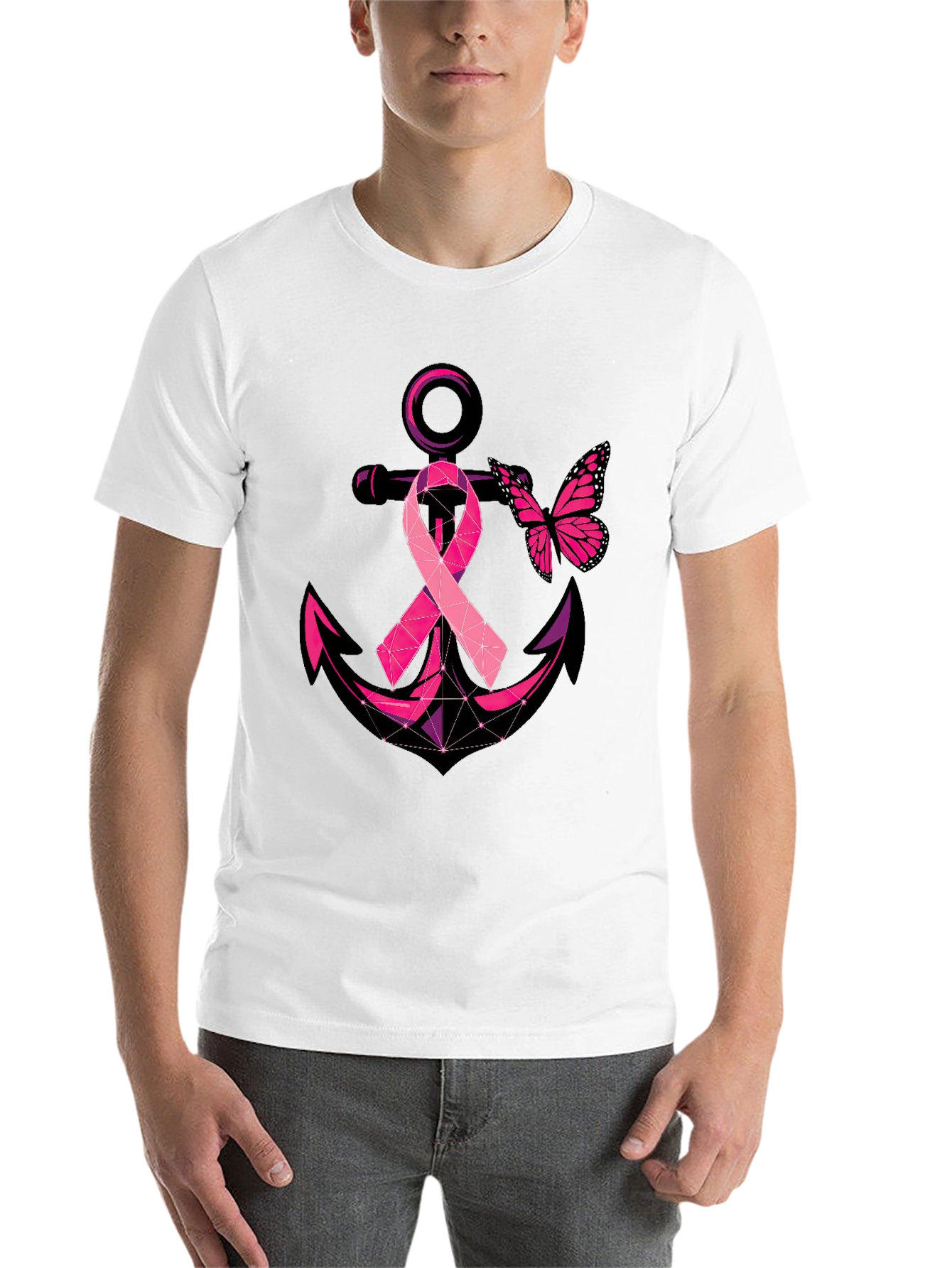 Black Breast Cancer Anchor Butterfly T-Shirt view 14