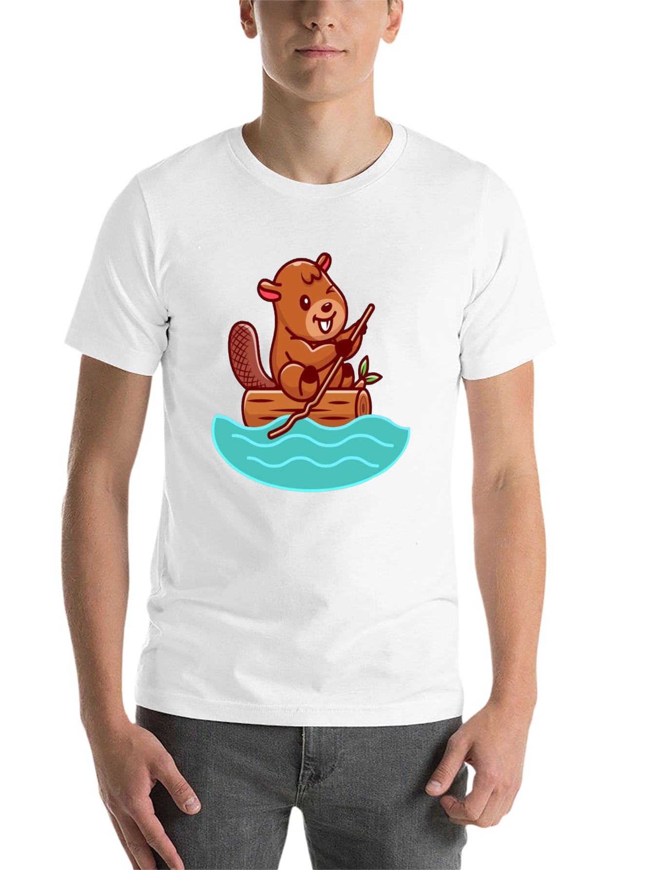 Black Beaver on Log Cartoon T-Shirt - Unisex Crew Neck view 14