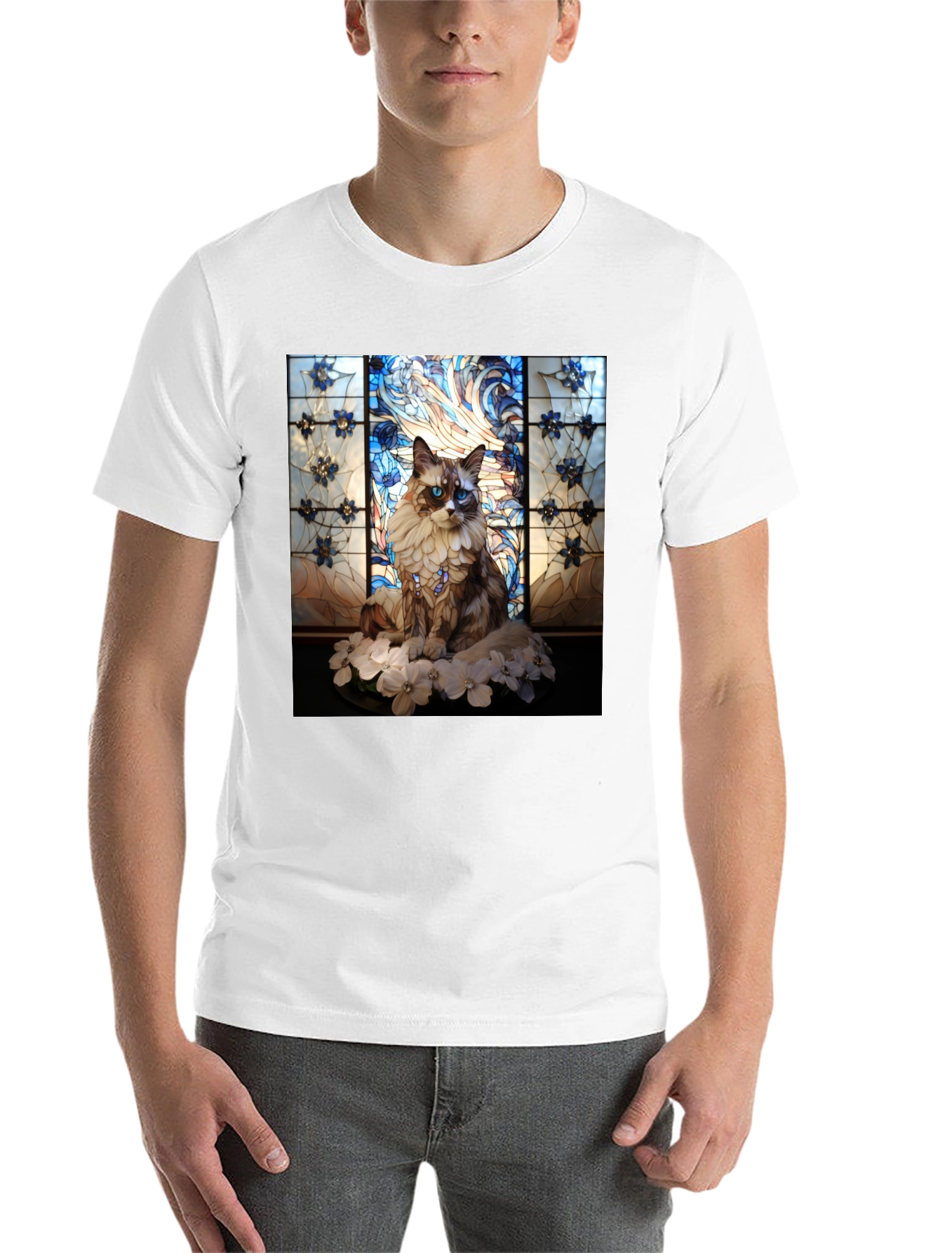 Black Stained Glass Cat Portrait T-Shirt view 14
