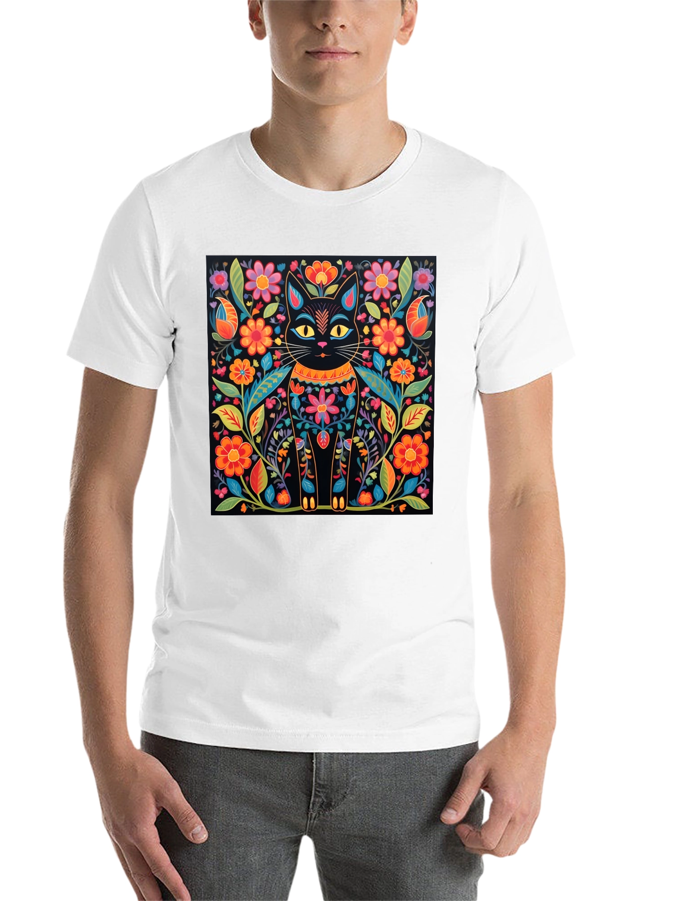 Black Floral Cat Graphic Print Black T-Shirt view 14