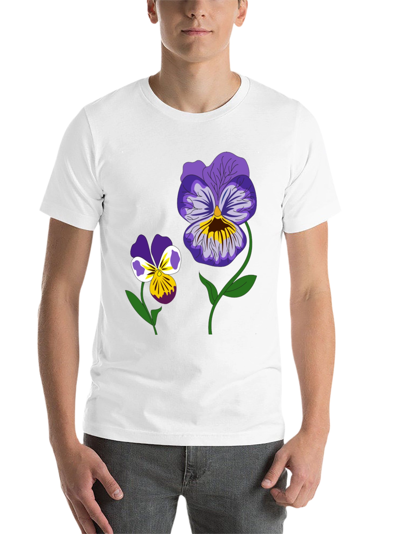 Black Floral Graphic T-Shirt - Pansy Design Black Tee view 14