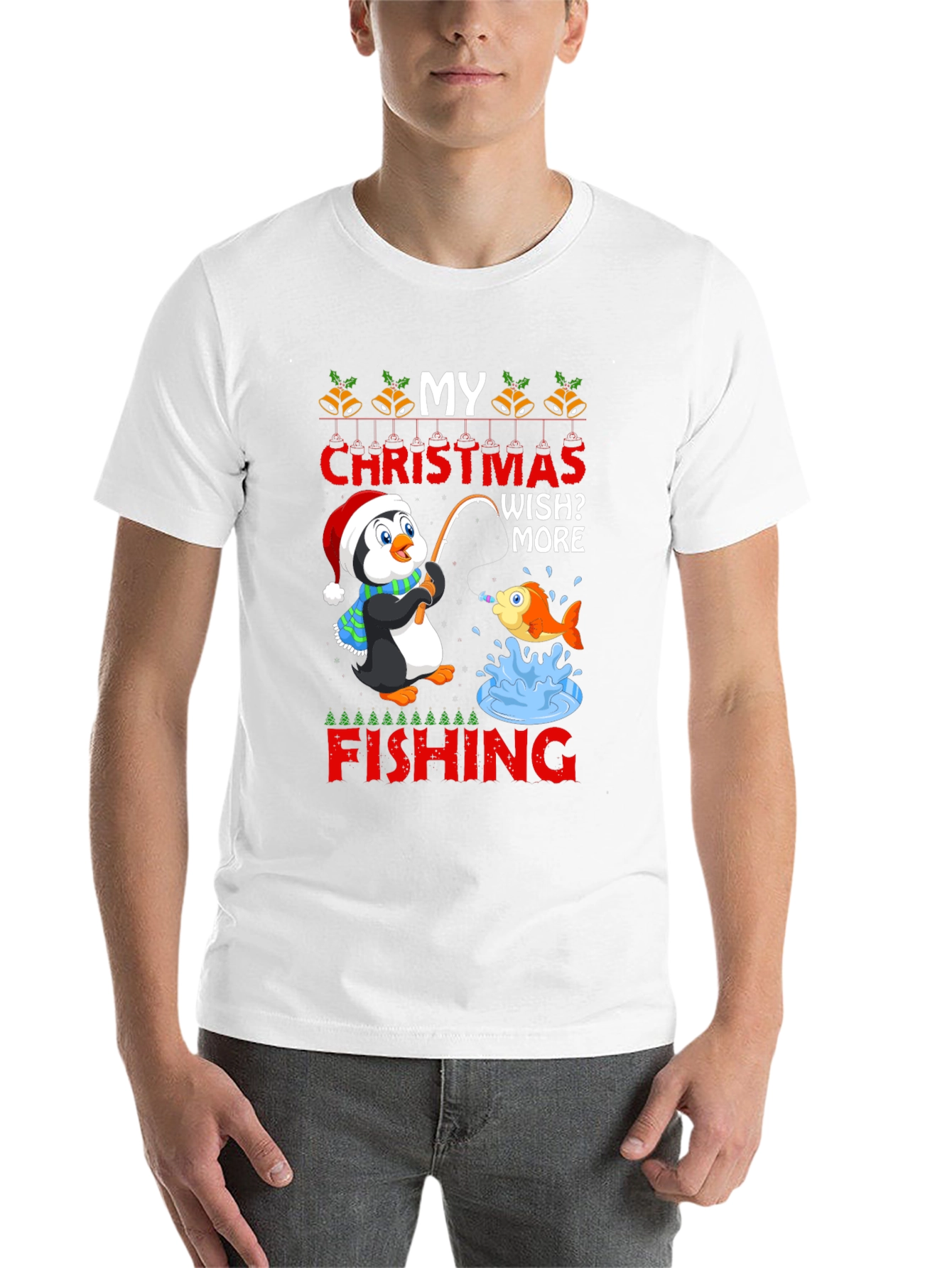 Black Christmas Penguin Fishing T-Shirt view 14