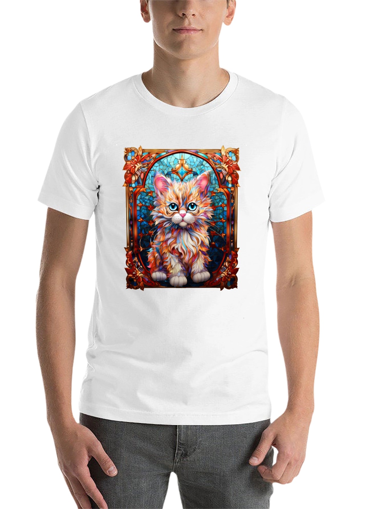 Black Stained Glass Cat Art T-Shirt view 14