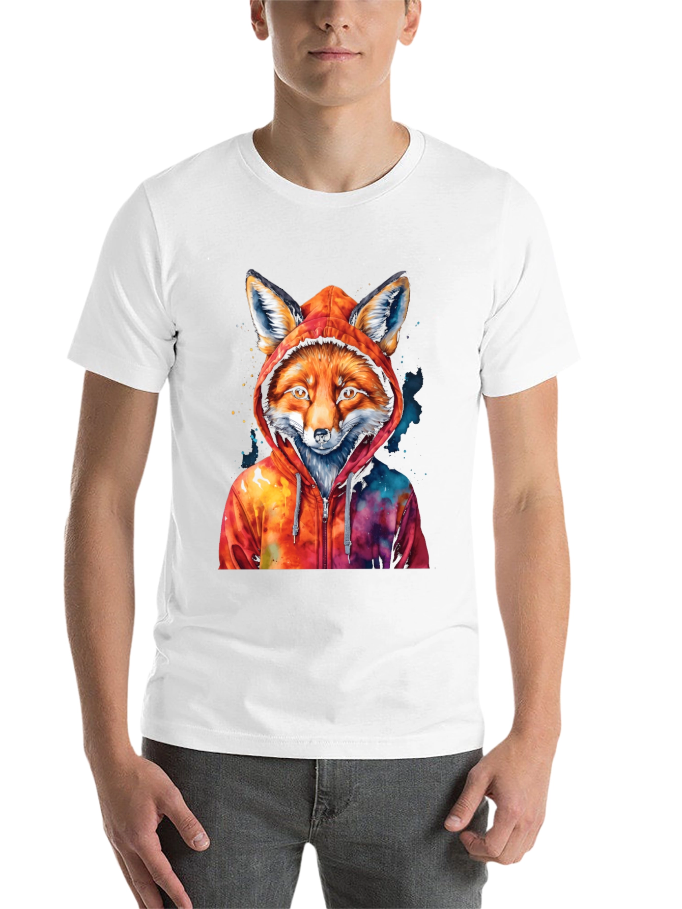 Fox in Hoodie Graphic T-Shirt - Cool Animal Tee - 14