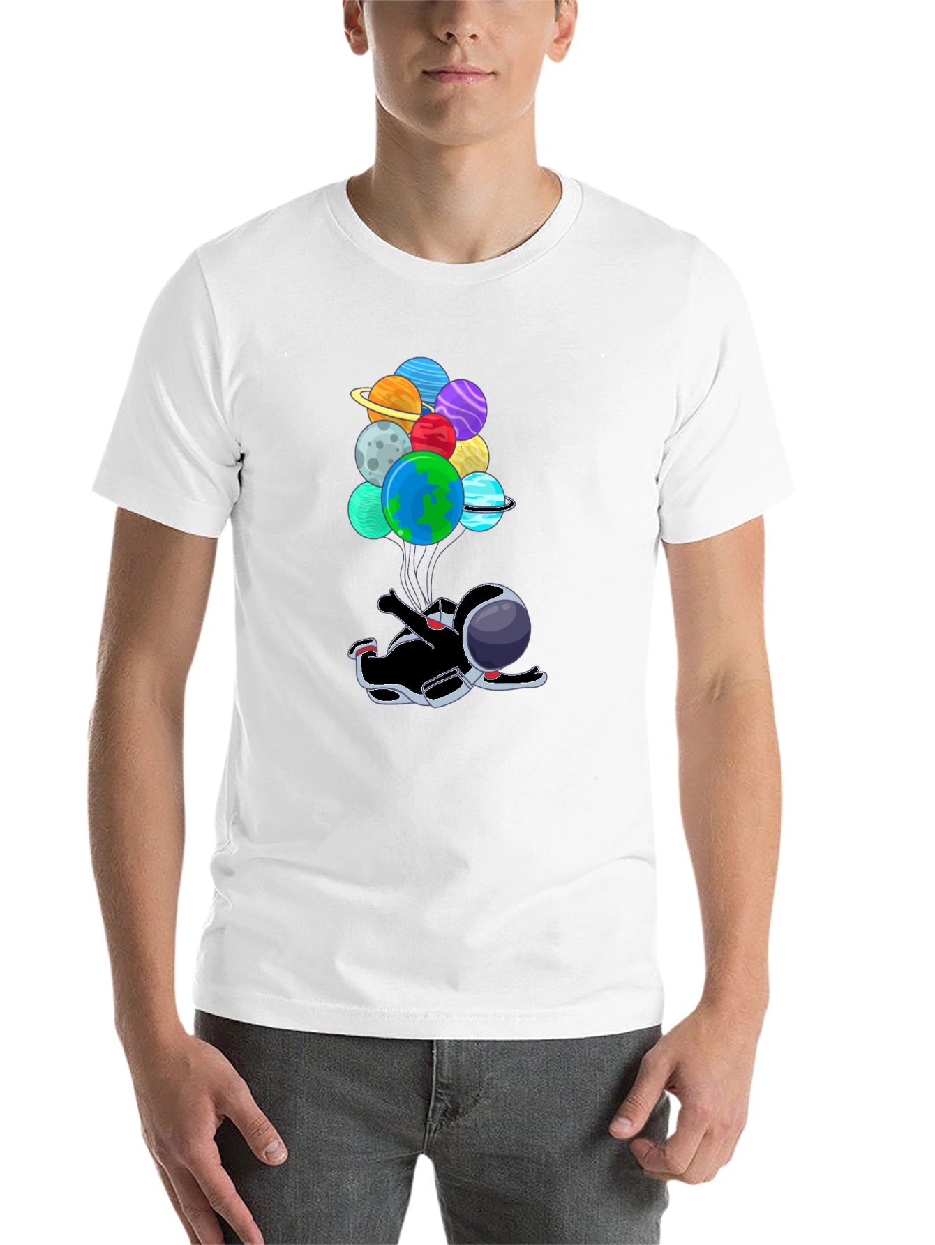 Black Astronaut Floating with Planet Balloons T-Shirt view 14