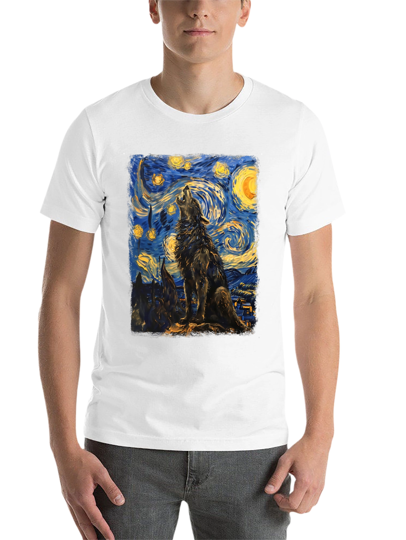 Black Starry Night Wolf Graphic Tee - Unique Artistic Design view 14