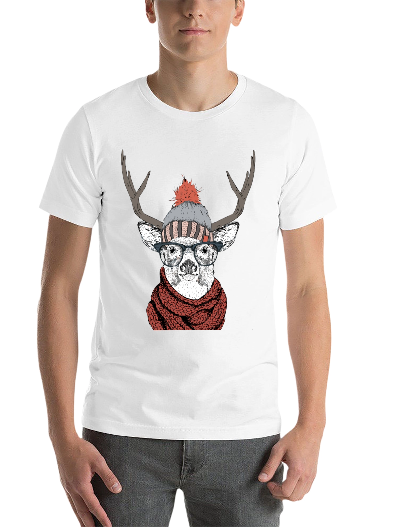 Hipster Deer Graphic Tee - Antler Scarf & Glasses - 14