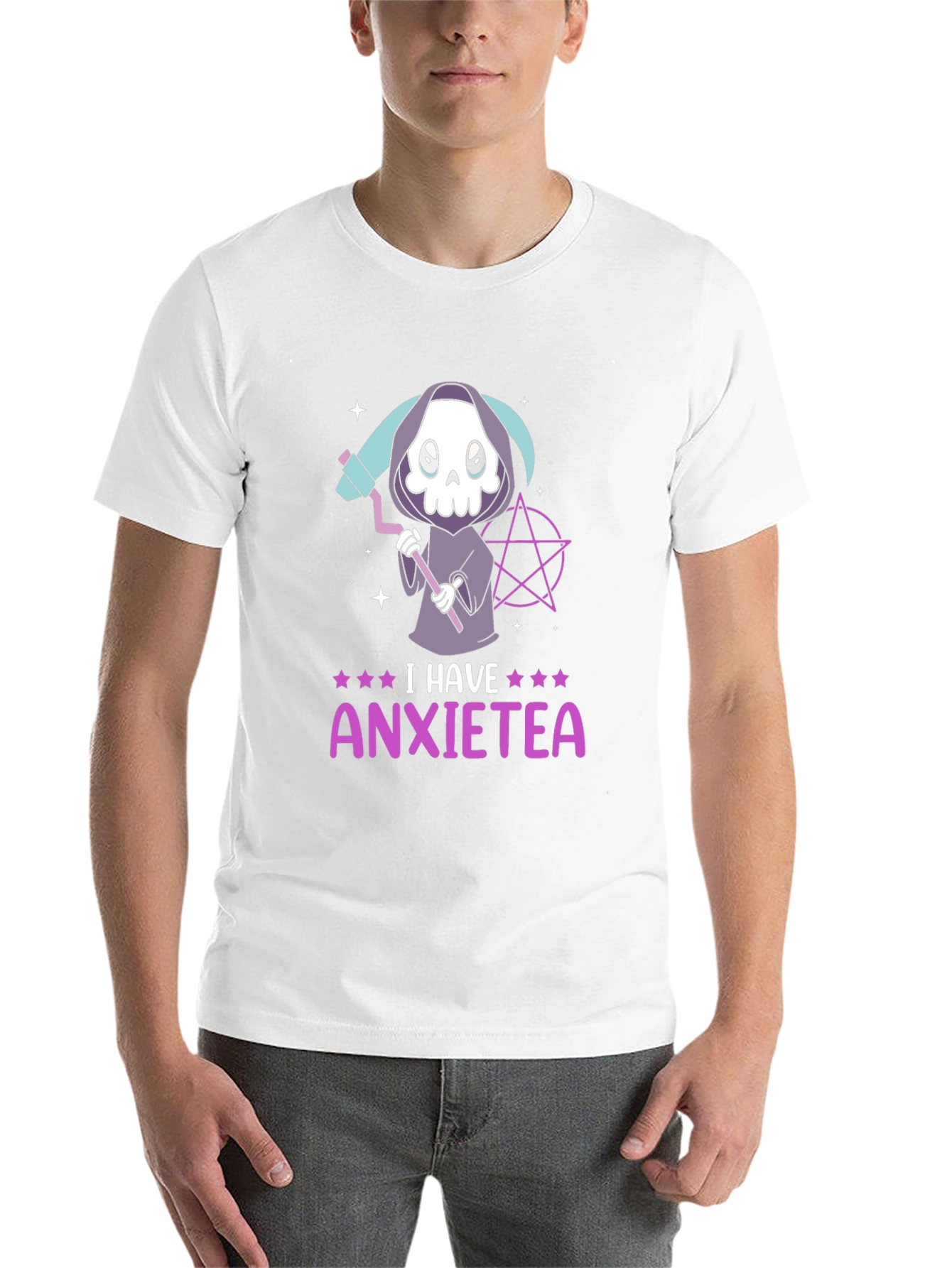 Black Anxietea T-Shirt - Cute Grim Reaper Design view 14