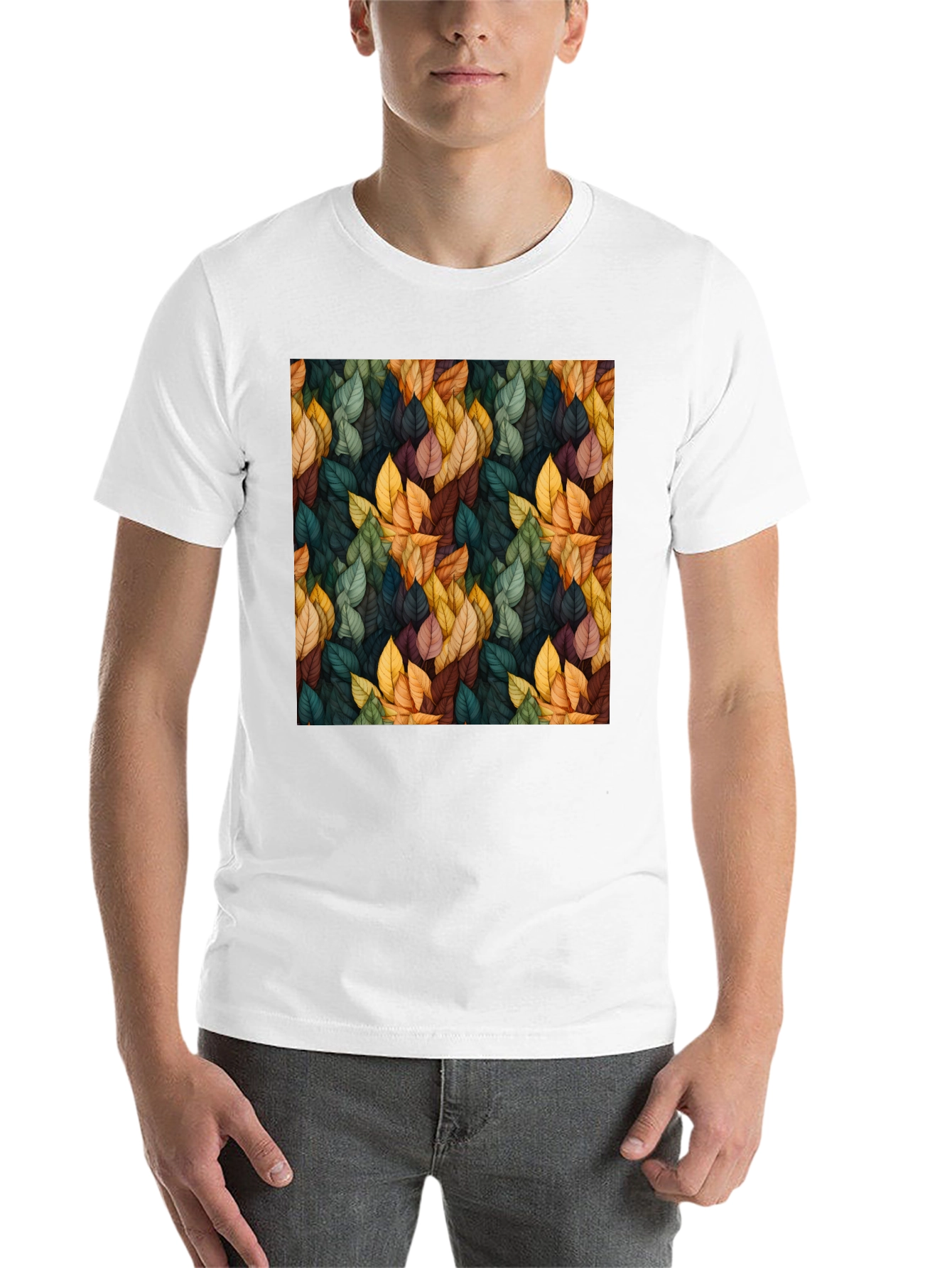 Black Autumn Leaf Pattern Black T-Shirt view 14