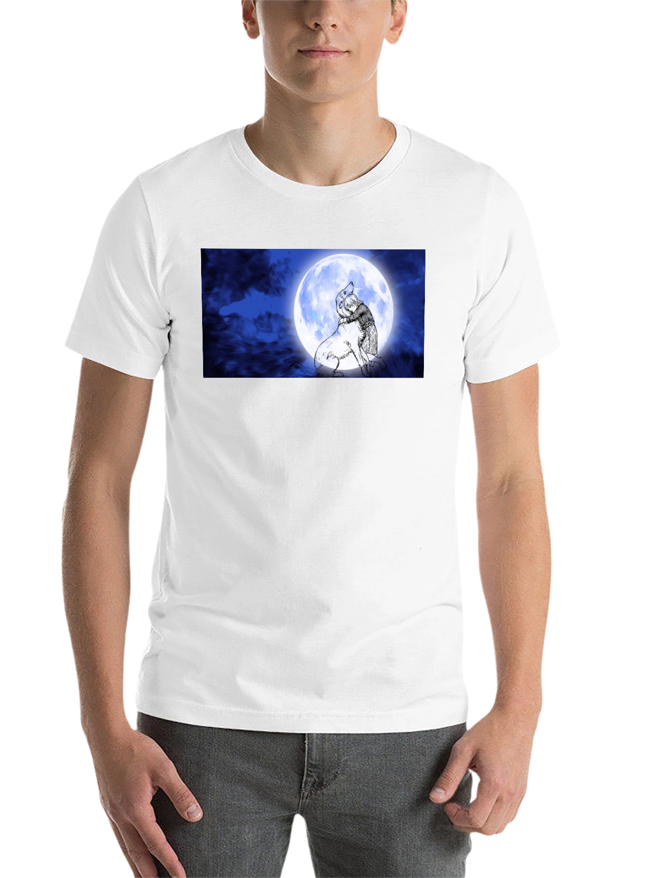 Black Moonlit Embrace T-Shirt: Man & Wolf Design view 14