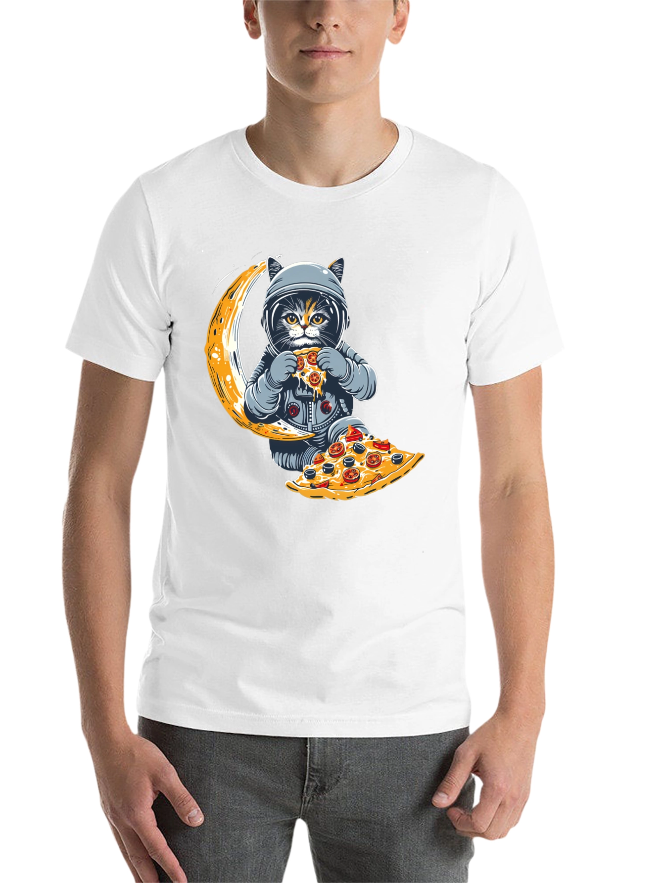 Black Astronaut Cat Pizza Moon T-Shirt view 14