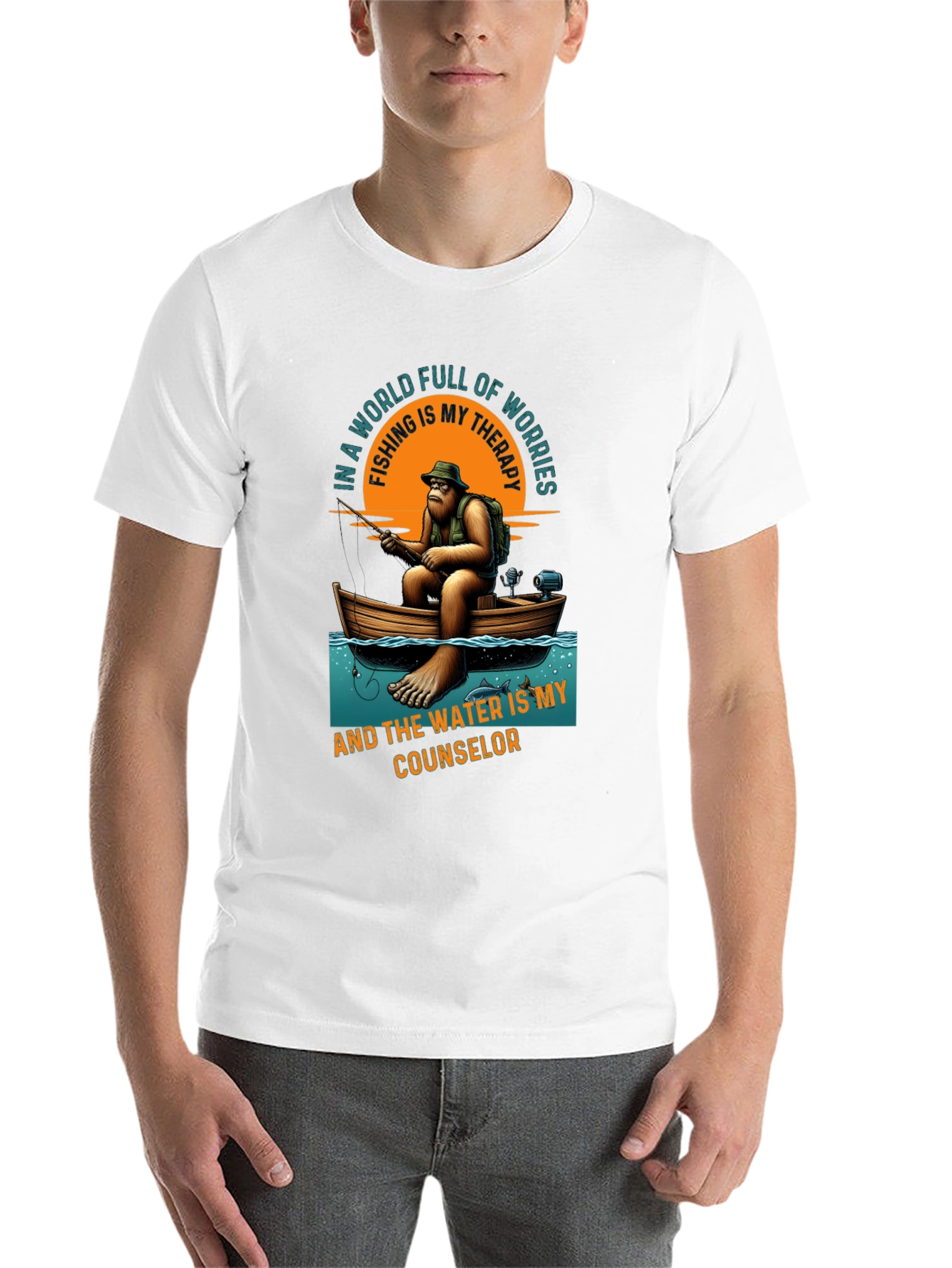 Black Fishing Therapy T-Shirt: Bigfoot Design view 14