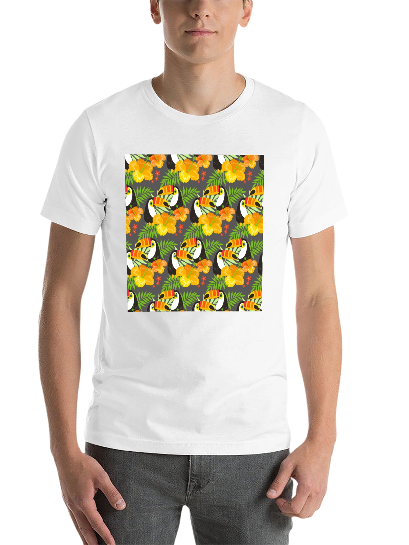 Black Tropical Toucan Print Crew Neck Tee view 14