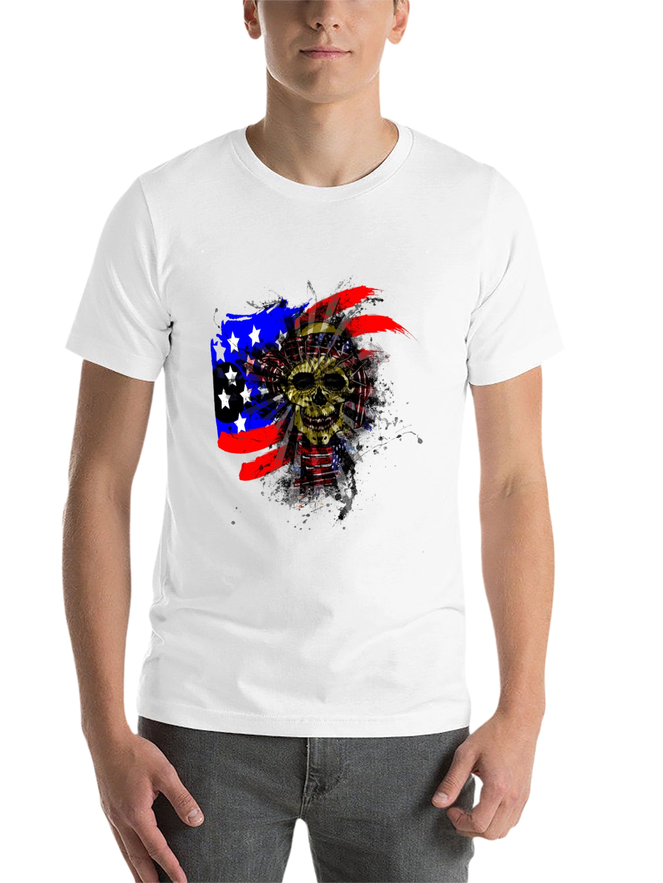 Black Skull American Flag Men's Black T-Shirt view 14