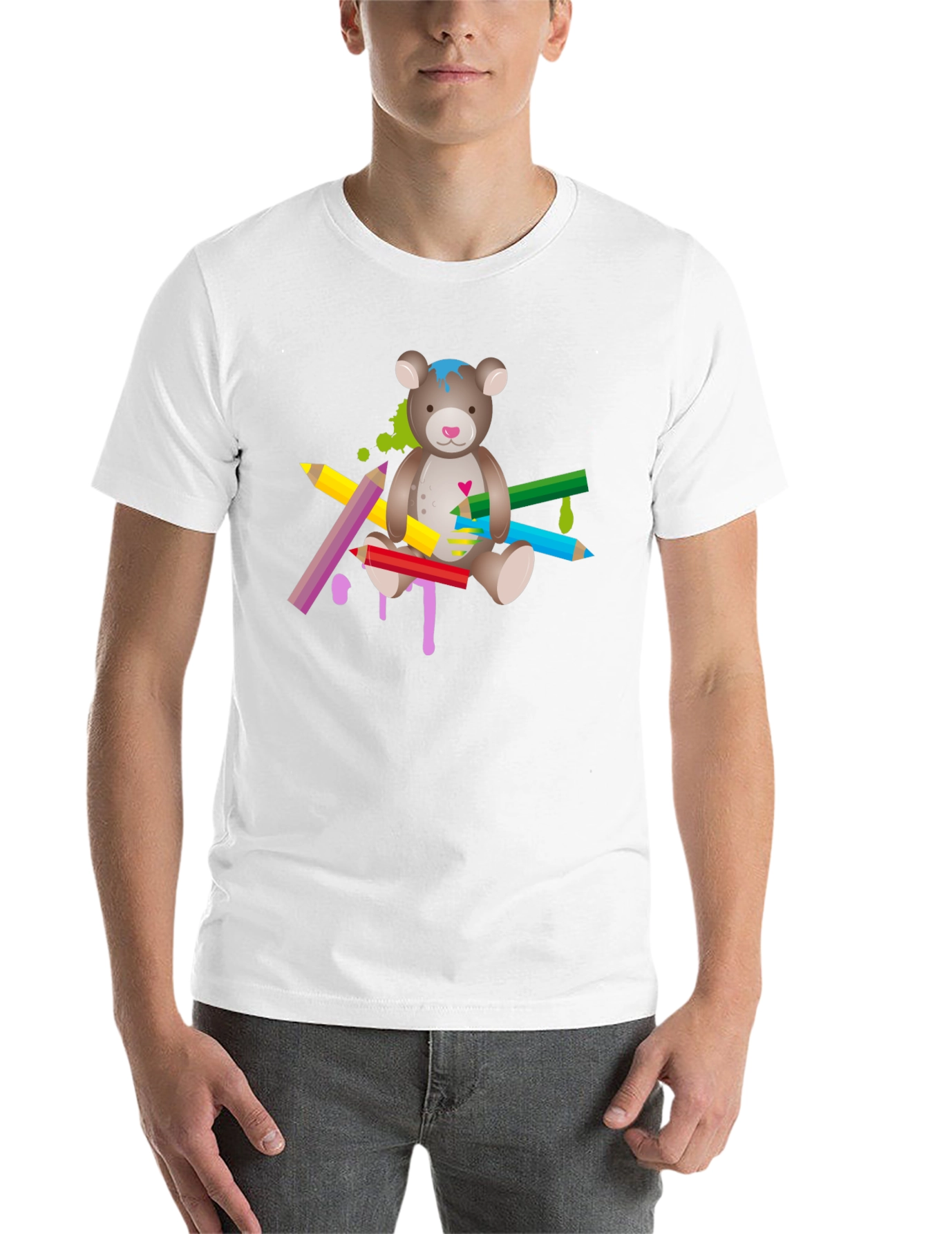Black Cute Teddy Bear & Colorful Pencils Graphic T-Shirt - Unisex view 14