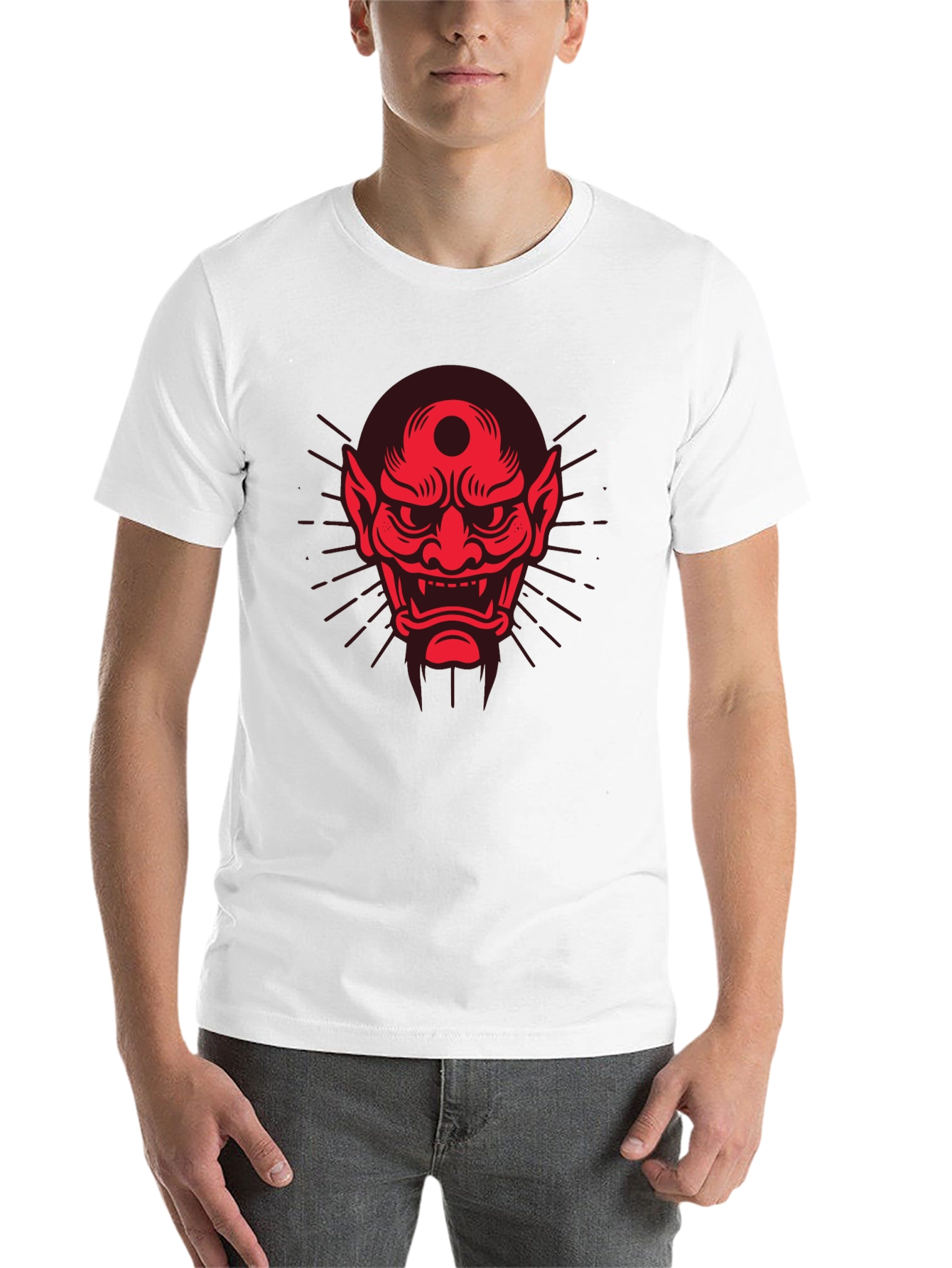 Black Men's Black T-Shirt with Red Oni Mask Design view 14