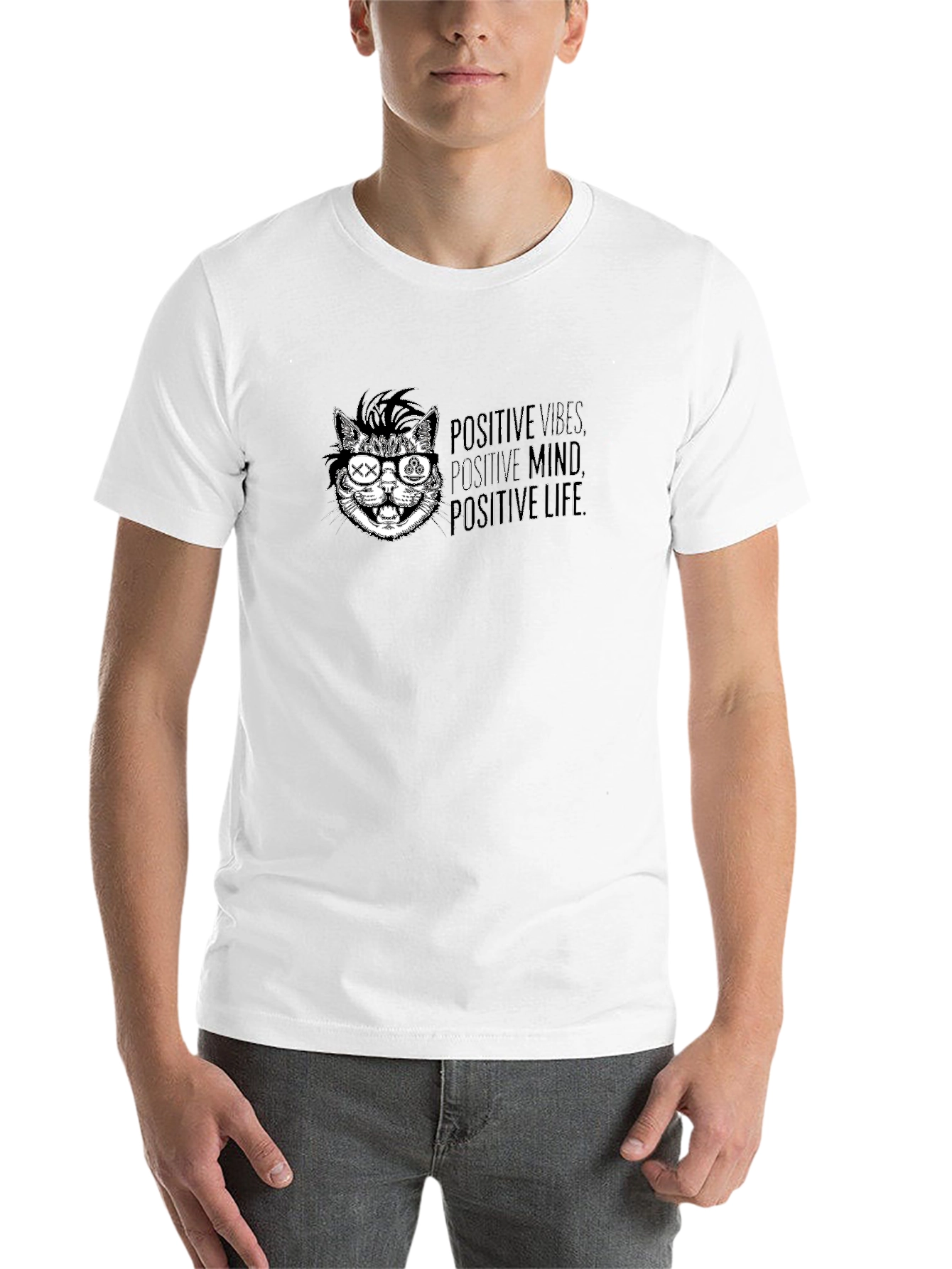 Black Positive Vibes Cat Graphic Tee - Cool Casual Style view 14