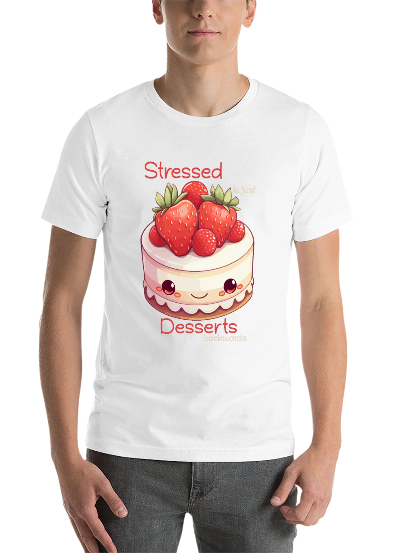 Black Stressed is Desserts Backwards T-Shirt view 14