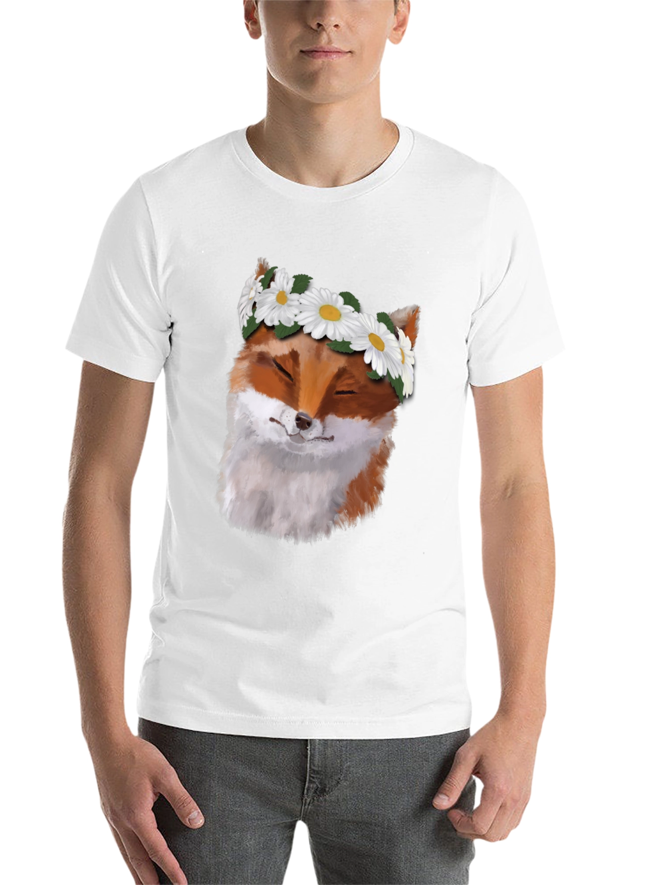 Black Fox with Daisy Crown Black T-Shirt - Unique Graphic Tee view 14