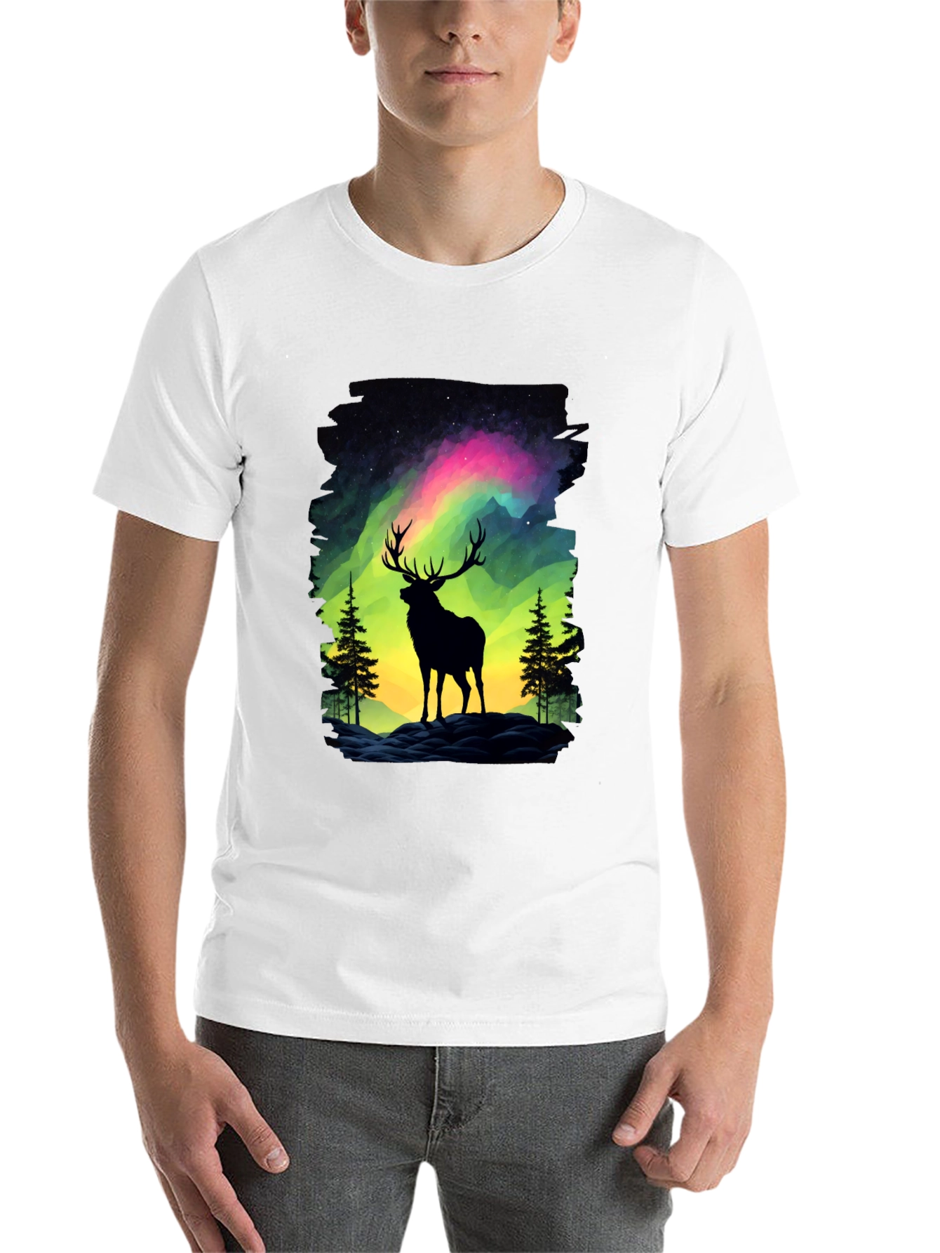Black Aurora Deer Graphic Tee - Nature Inspired Design view 14