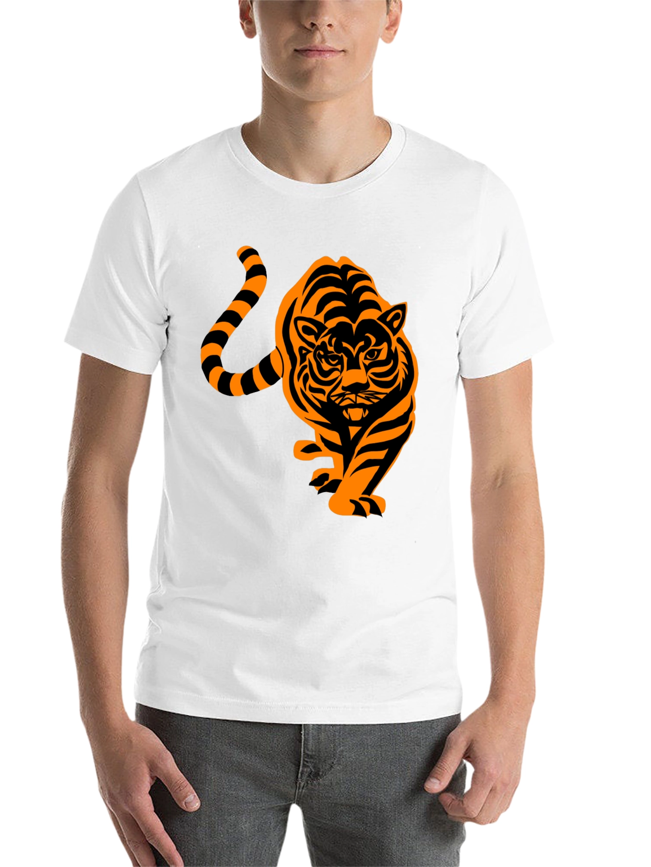 Black Men's Black T-Shirt with Orange Tiger Design view 14