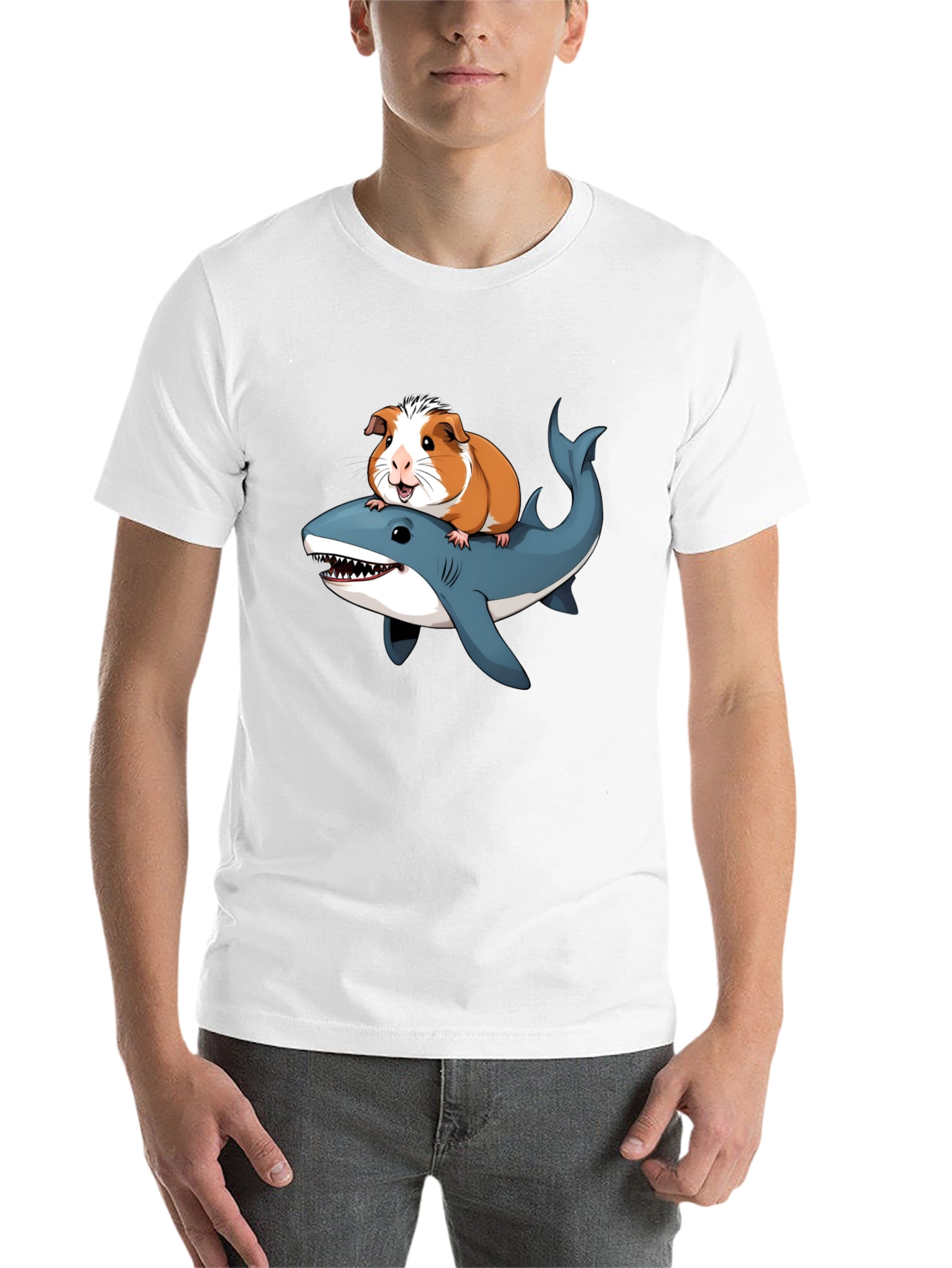 Black Guinea Pig Riding Shark Funny T-Shirt view 14