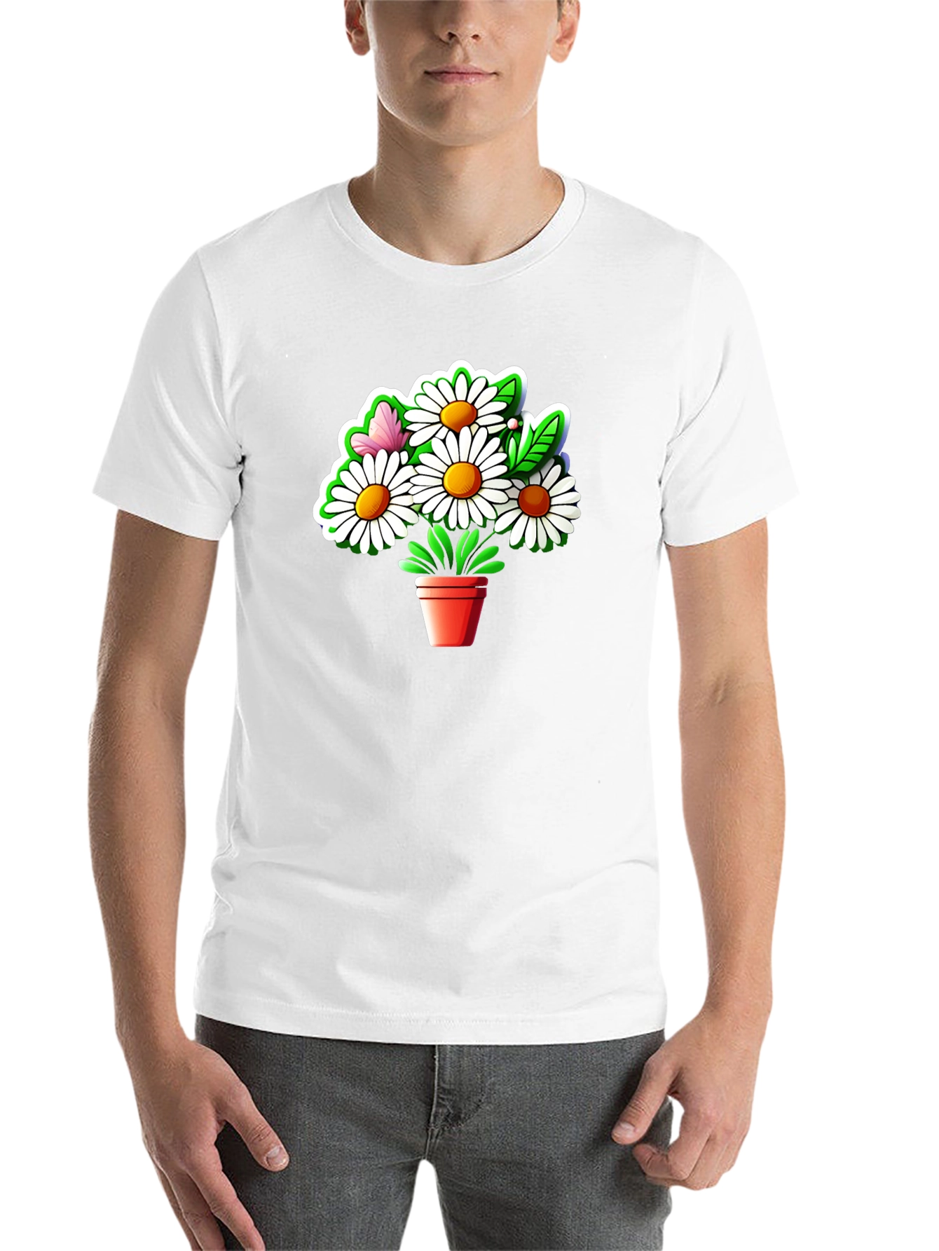Black Daisy Flower Pot Graphic Tee - Black Cotton Casual T-Shirt view 14