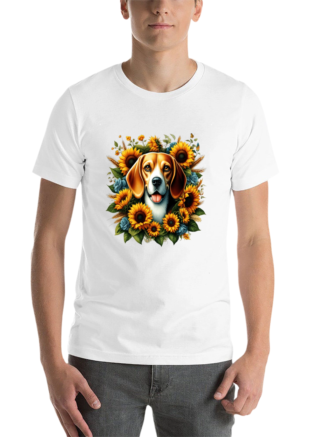 Black Dog Surrounded by Sunflowers Black T-Shirt view 14