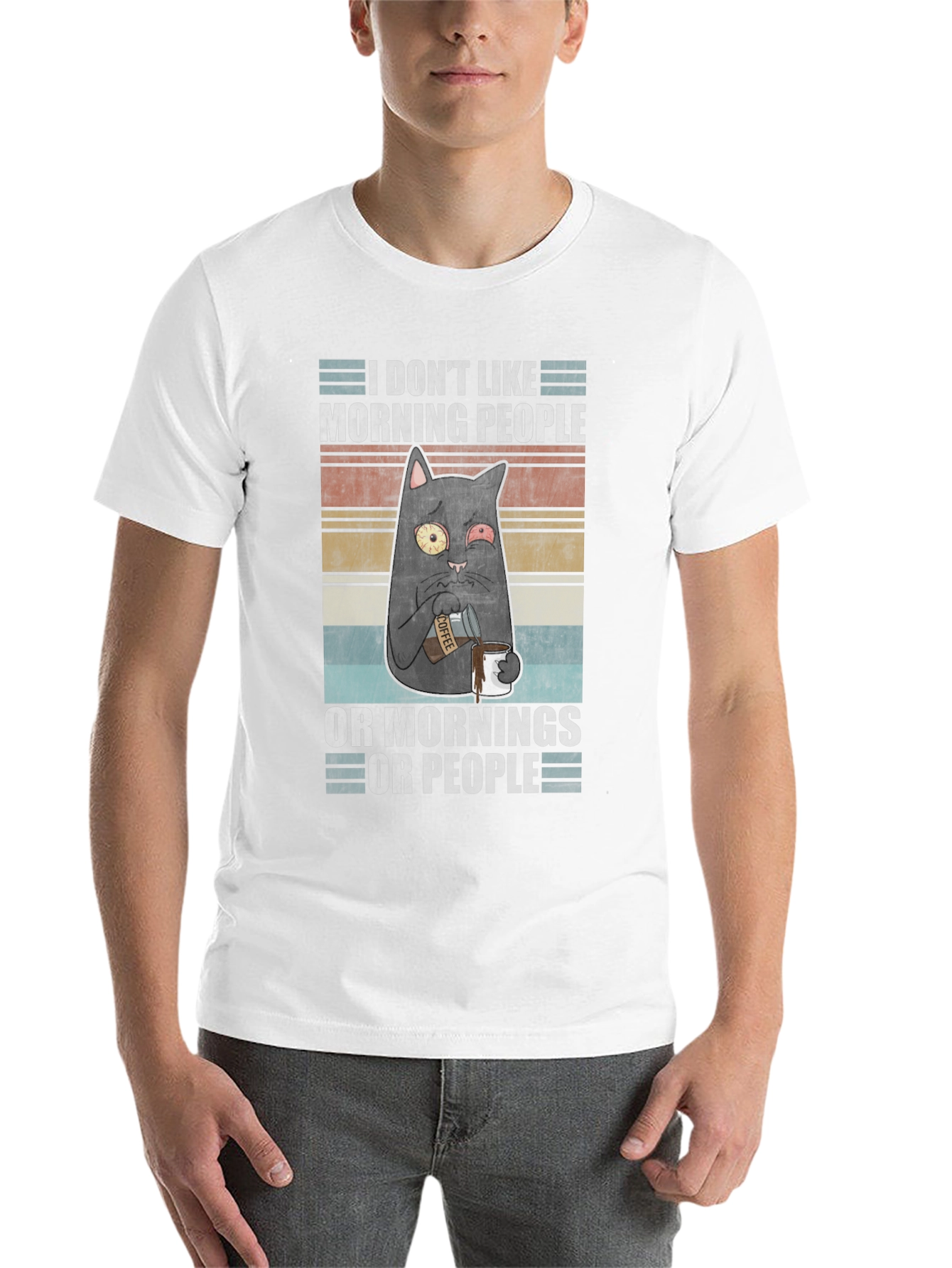 Black Humorous 'I Don't Like Morning People' Cat T-Shirt view 14
