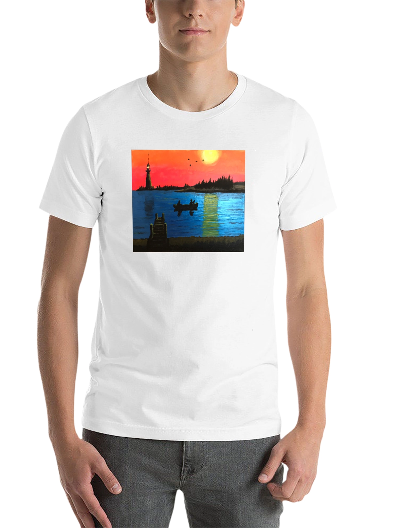 Black Sunset Lake Lighthouse Graphic Tee view 14