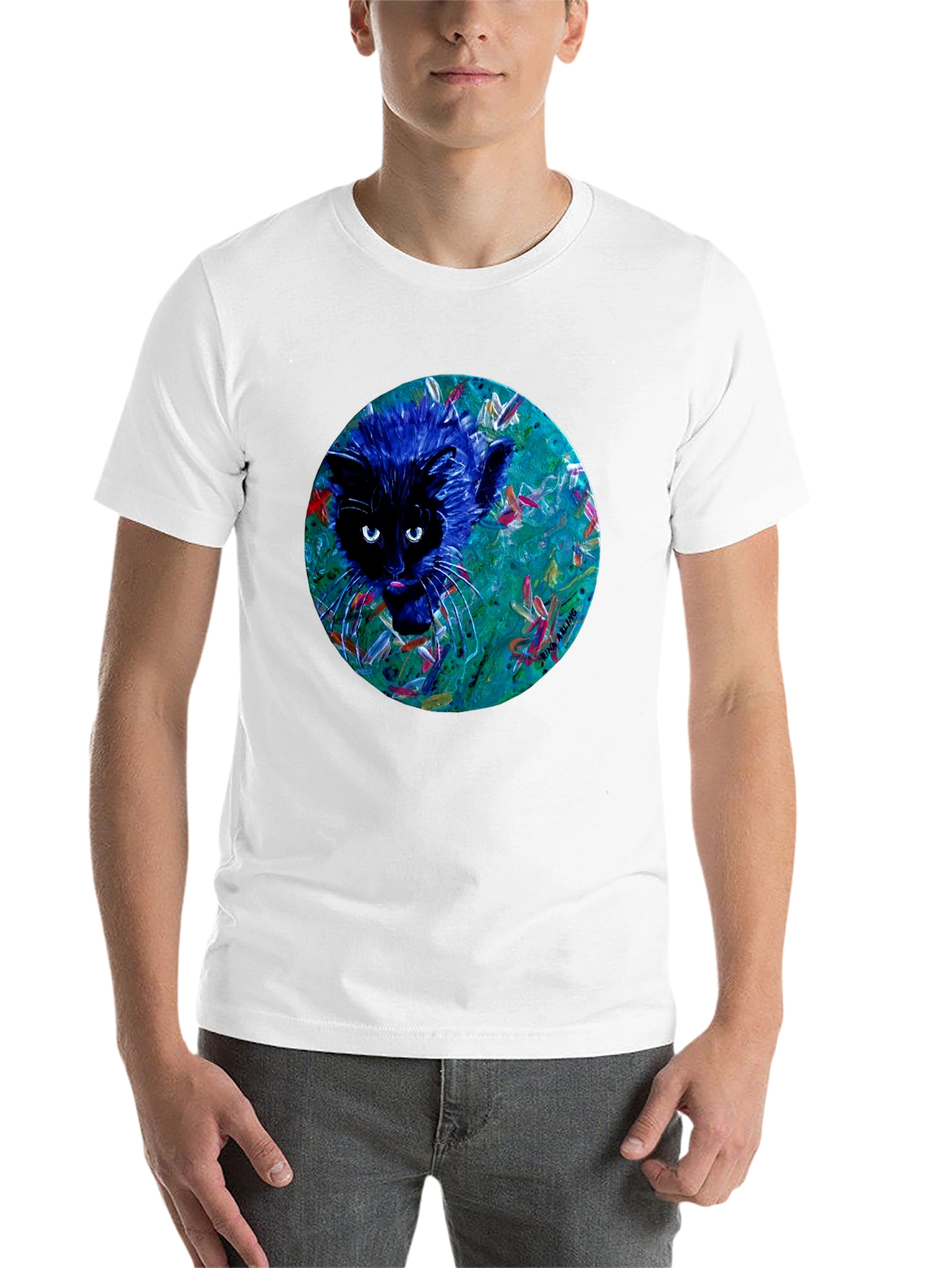 Black Abstract Cat Graphic Tee - Black Cotton T-Shirt view 14