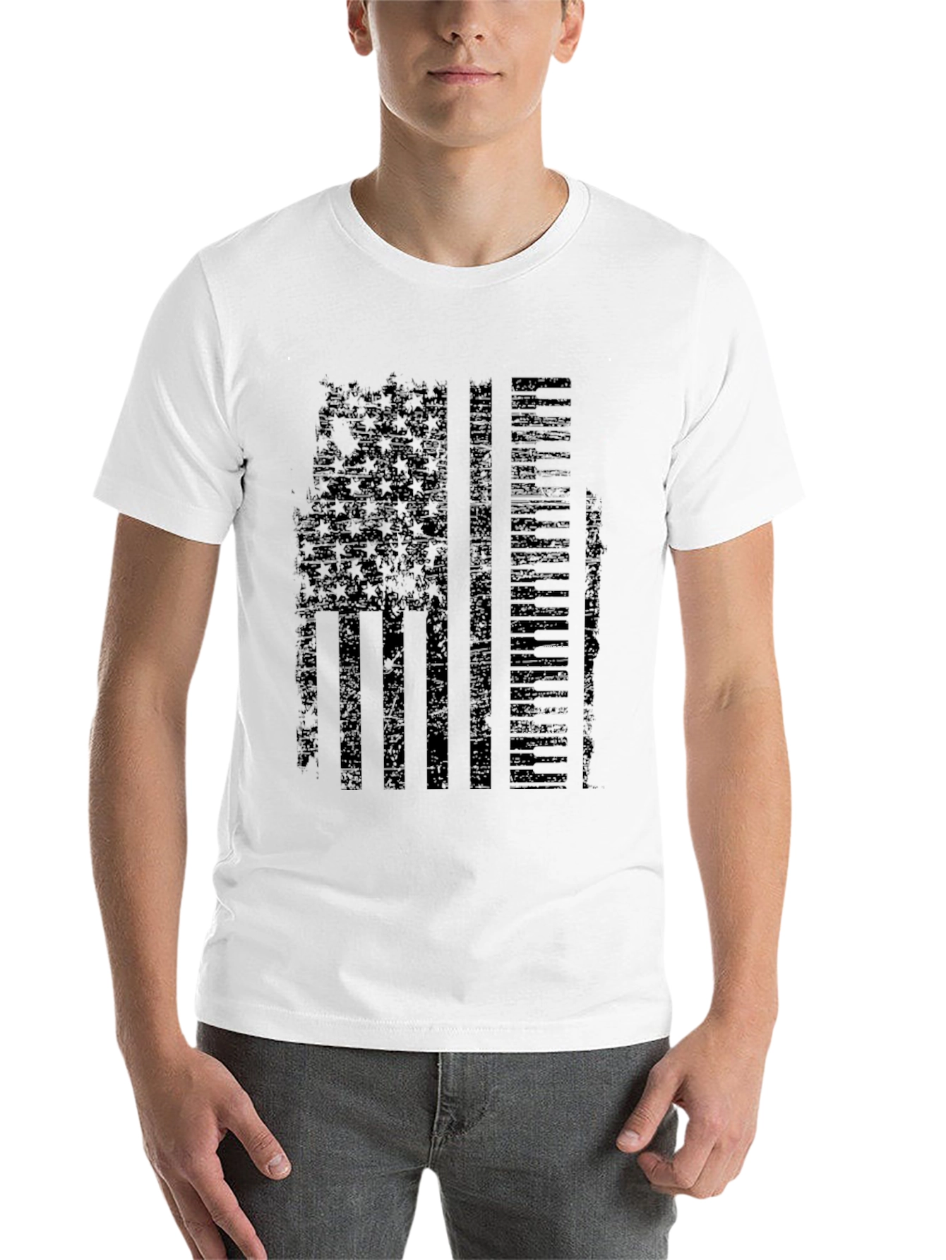 Black Distressed US Flag Piano Keys Graphic T-Shirt view 14