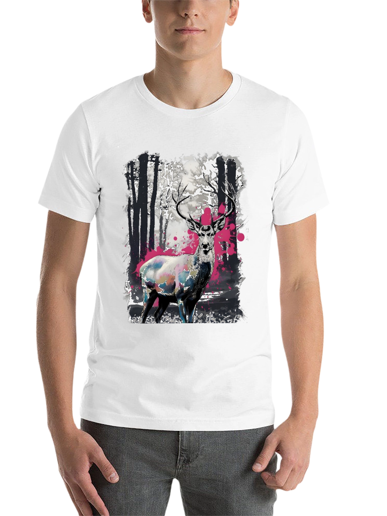 Black Deer in Forest Graphic Print Black T-Shirt view 14