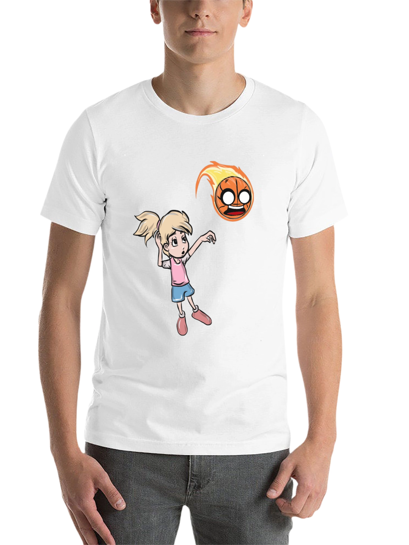 Black Cartoon Girl vs Flaming Basketball T-Shirt view 14
