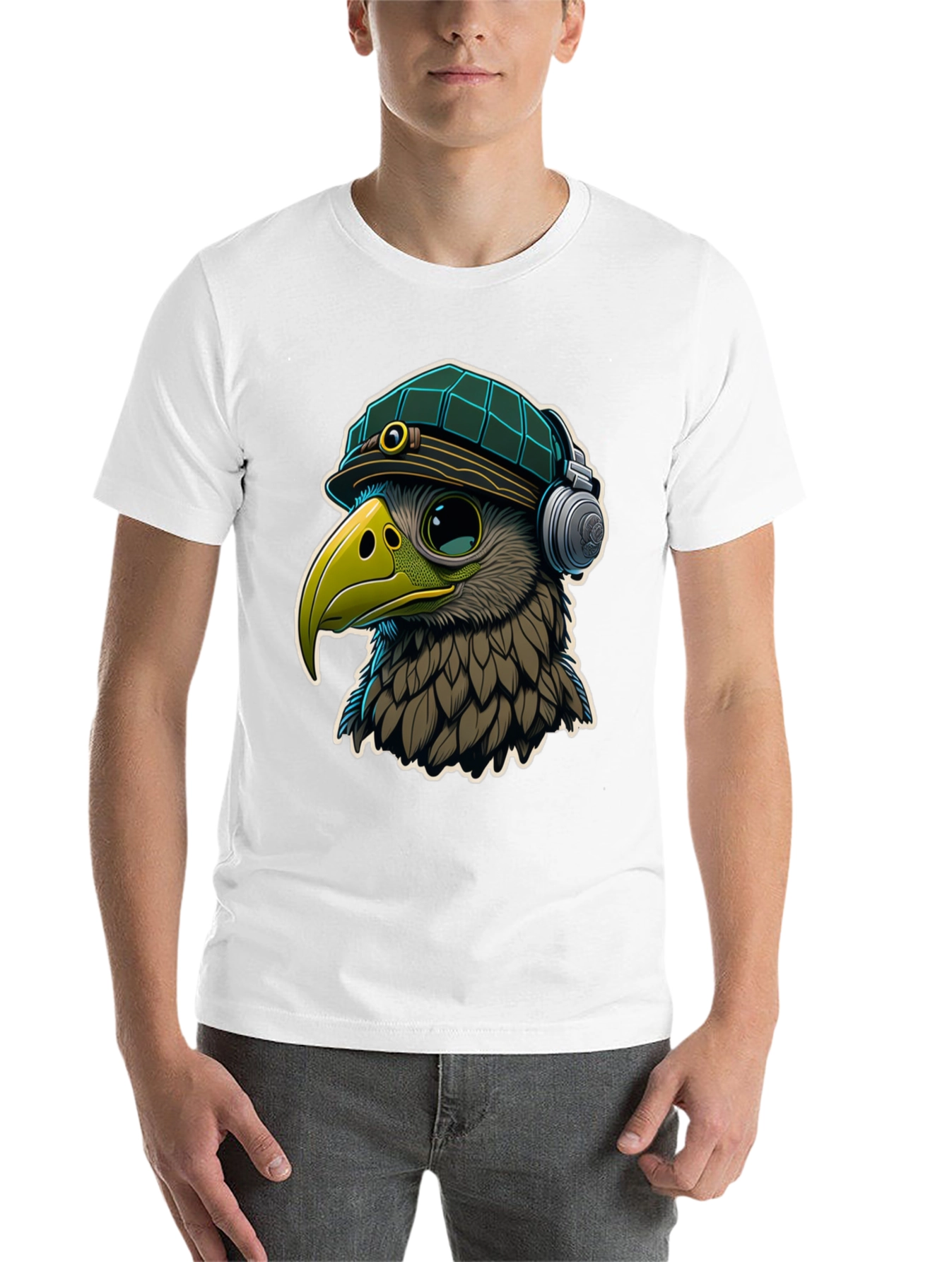 Black Cool Bird in Hat & Headphones Graphic Tee view 14
