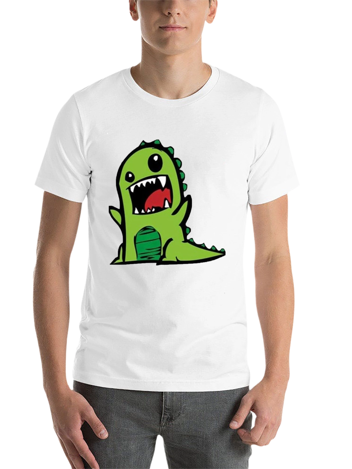 Black Cartoon Dinosaur Graphic Tee - Black Cotton T-Shirt view 14