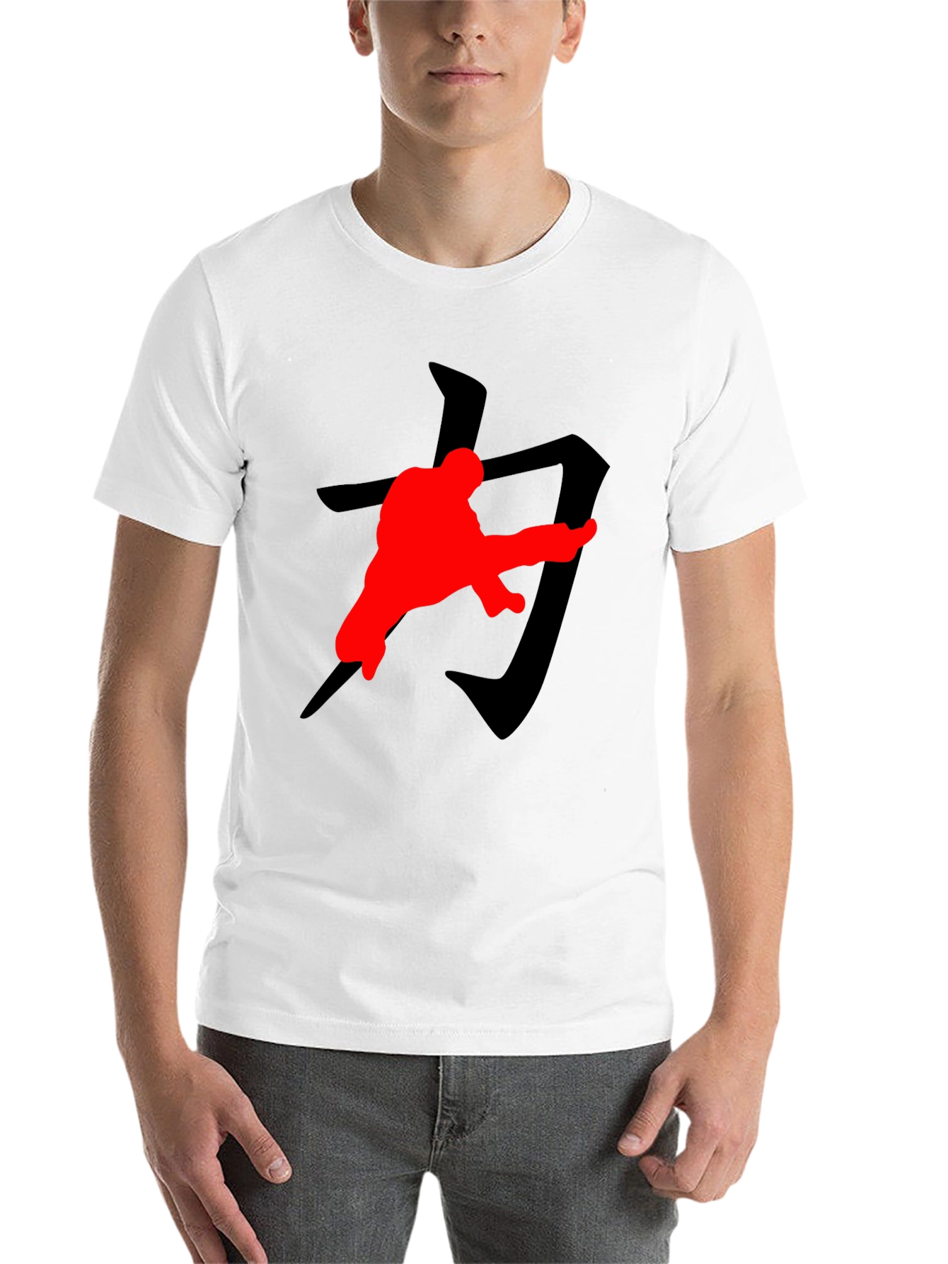 Black Karate Kick T-Shirt: Black with Red Graphic Print view 14