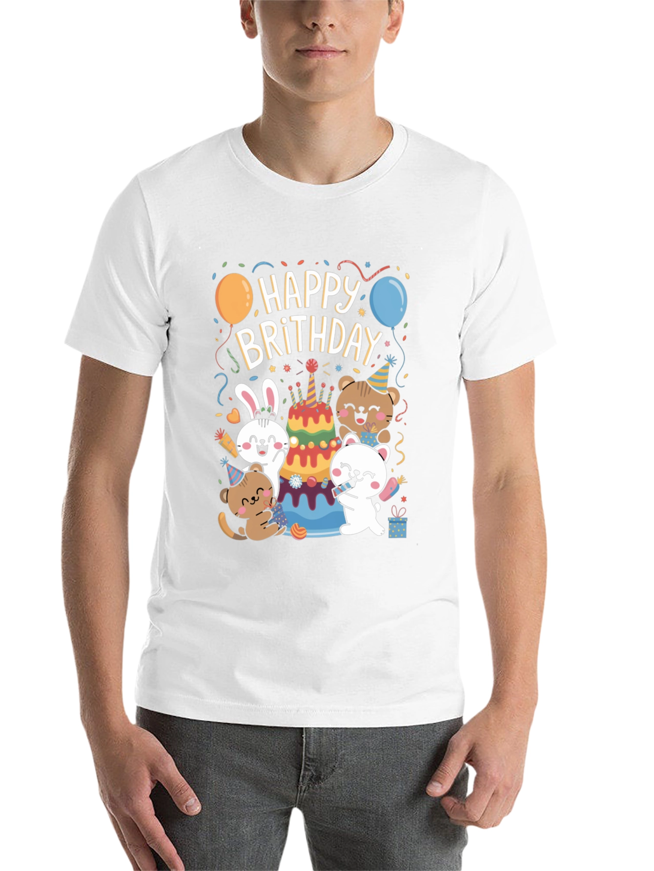 Black Happy Brithday T-Shirt With Cute Animal Graphics view 14