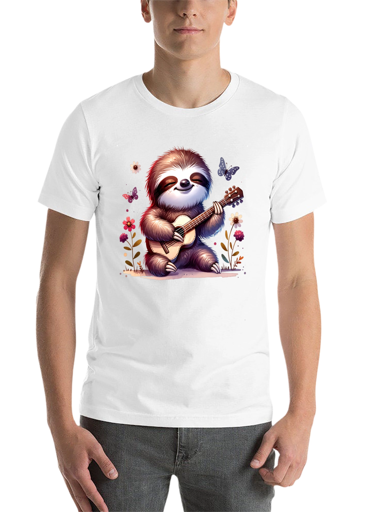 Black Cute Sloth Guitarist Graphic T-Shirt view 14