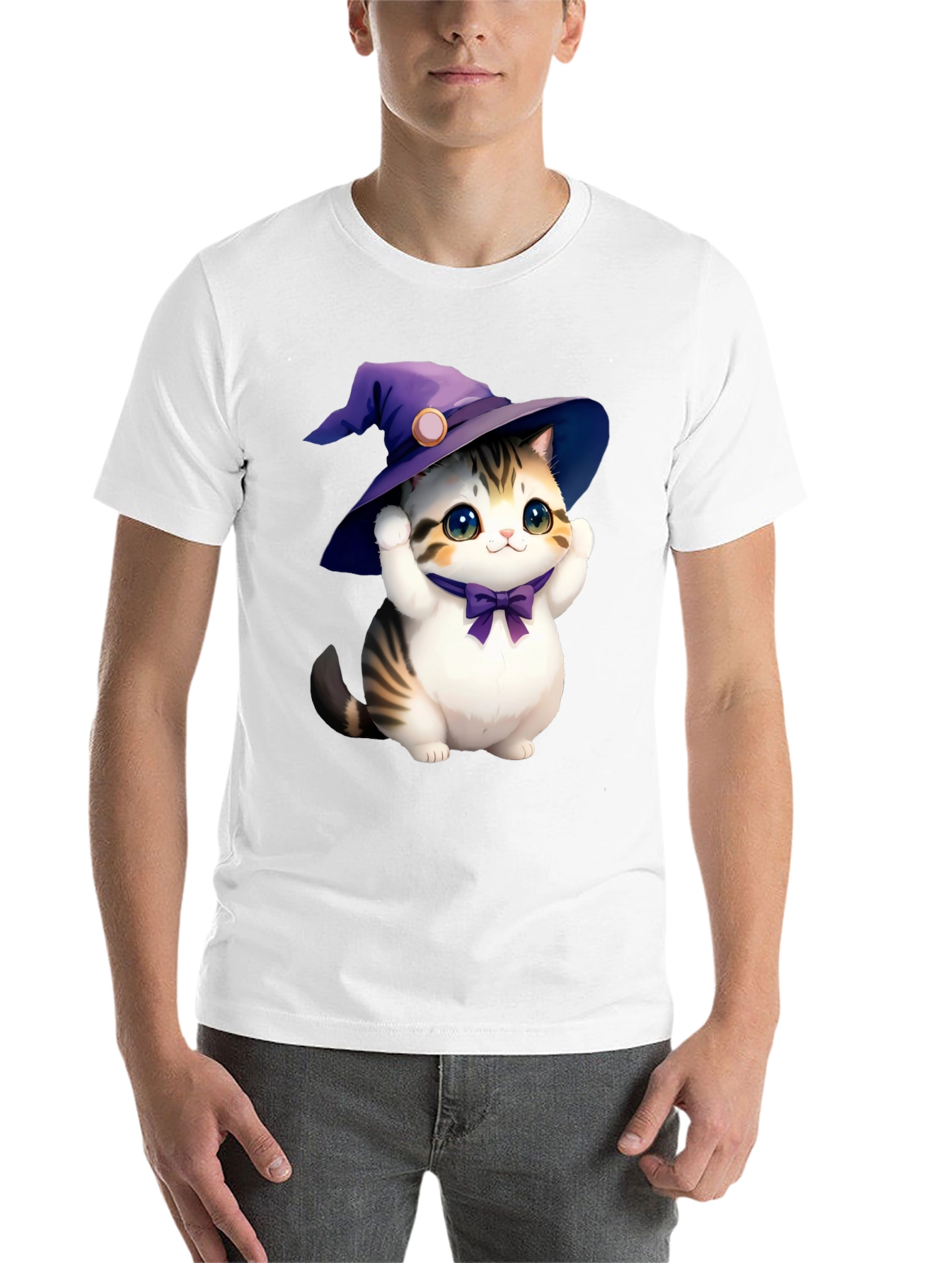 Black Cute Cat in Witch Hat Graphic Tee - Black view 14
