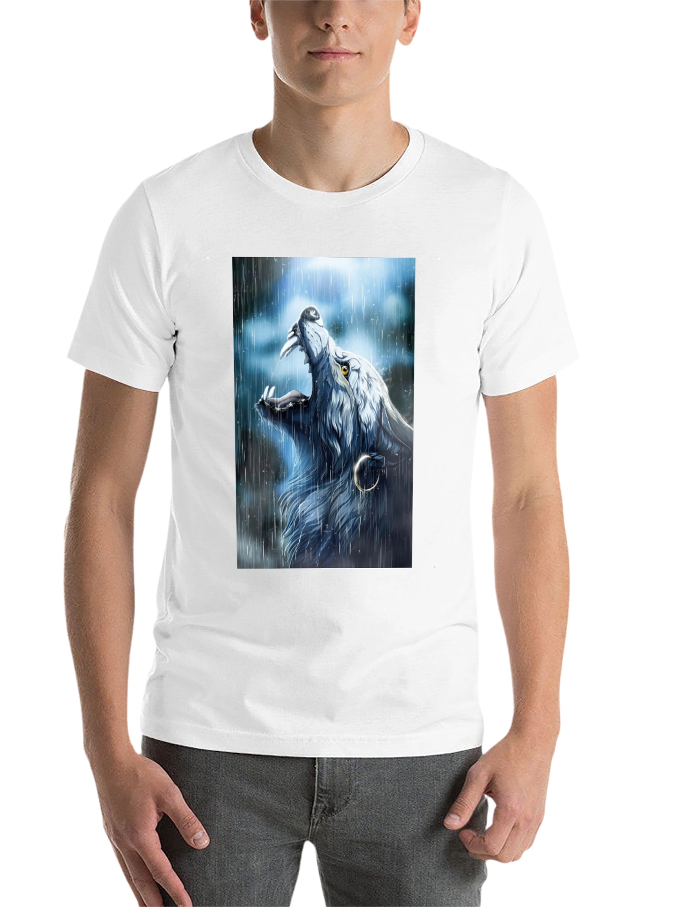 Black Wolf Howling in Rain Graphic Black T-Shirt view 14