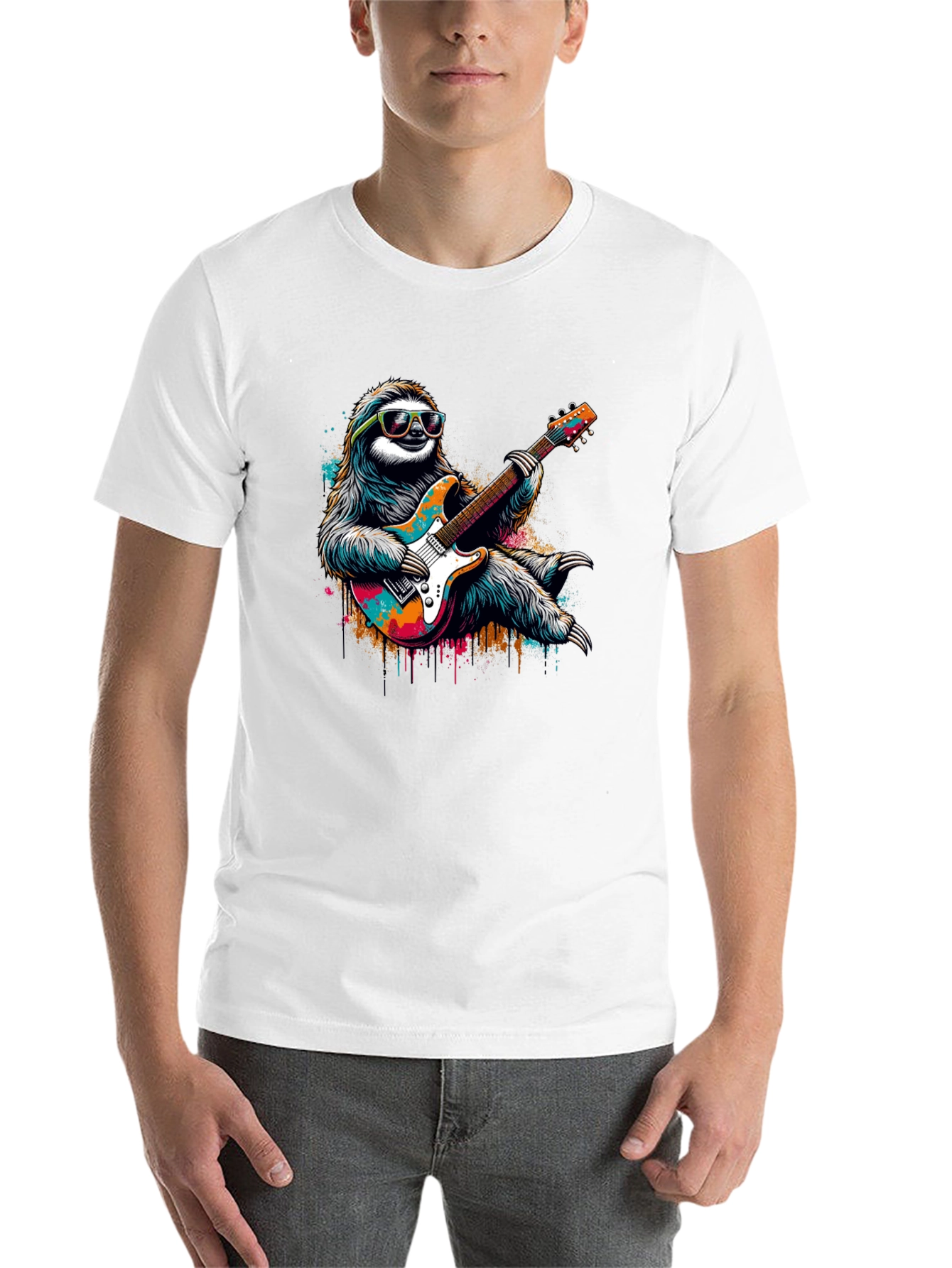 Black Cool Sloth Guitar Player Graphic Tee - Black view 14
