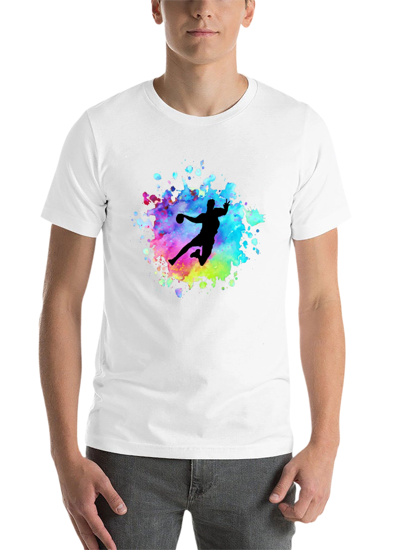 Black Watercolor Handball Player T-Shirt - Black view 14