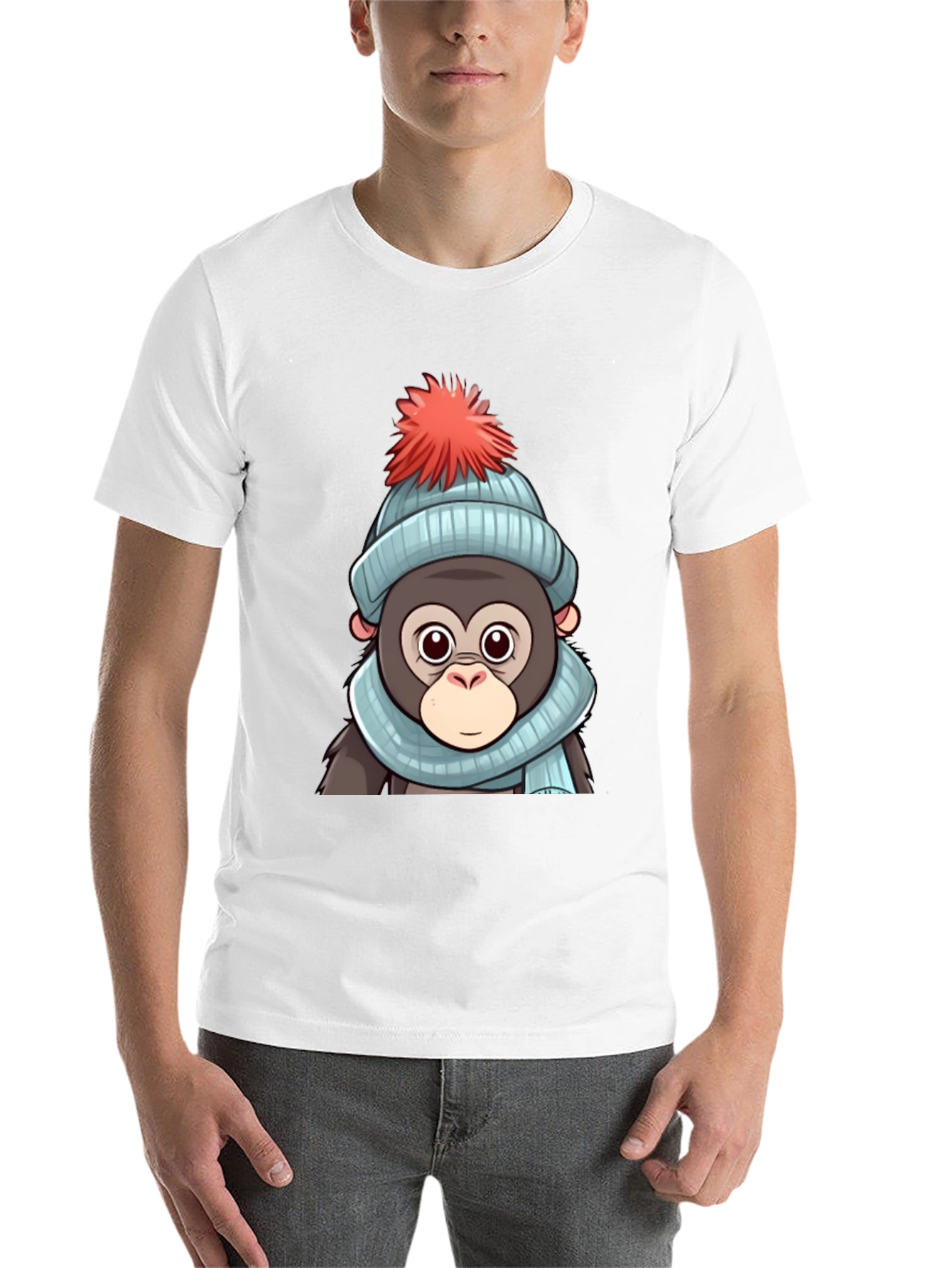 Black Cute Cartoon Monkey in Winter Hat T-Shirt view 14