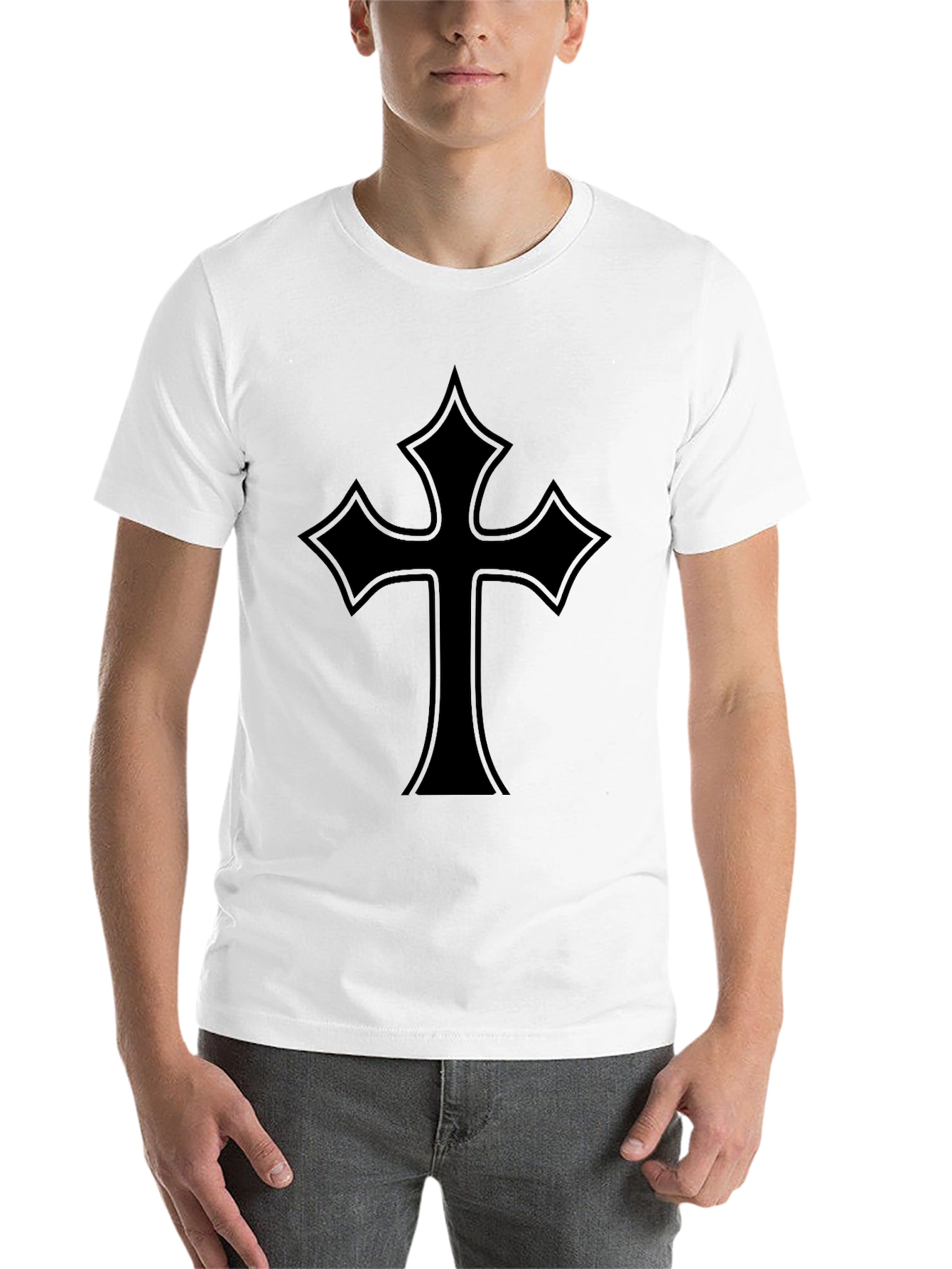Black Men's Black T-Shirt with Gothic Cross Design view 14