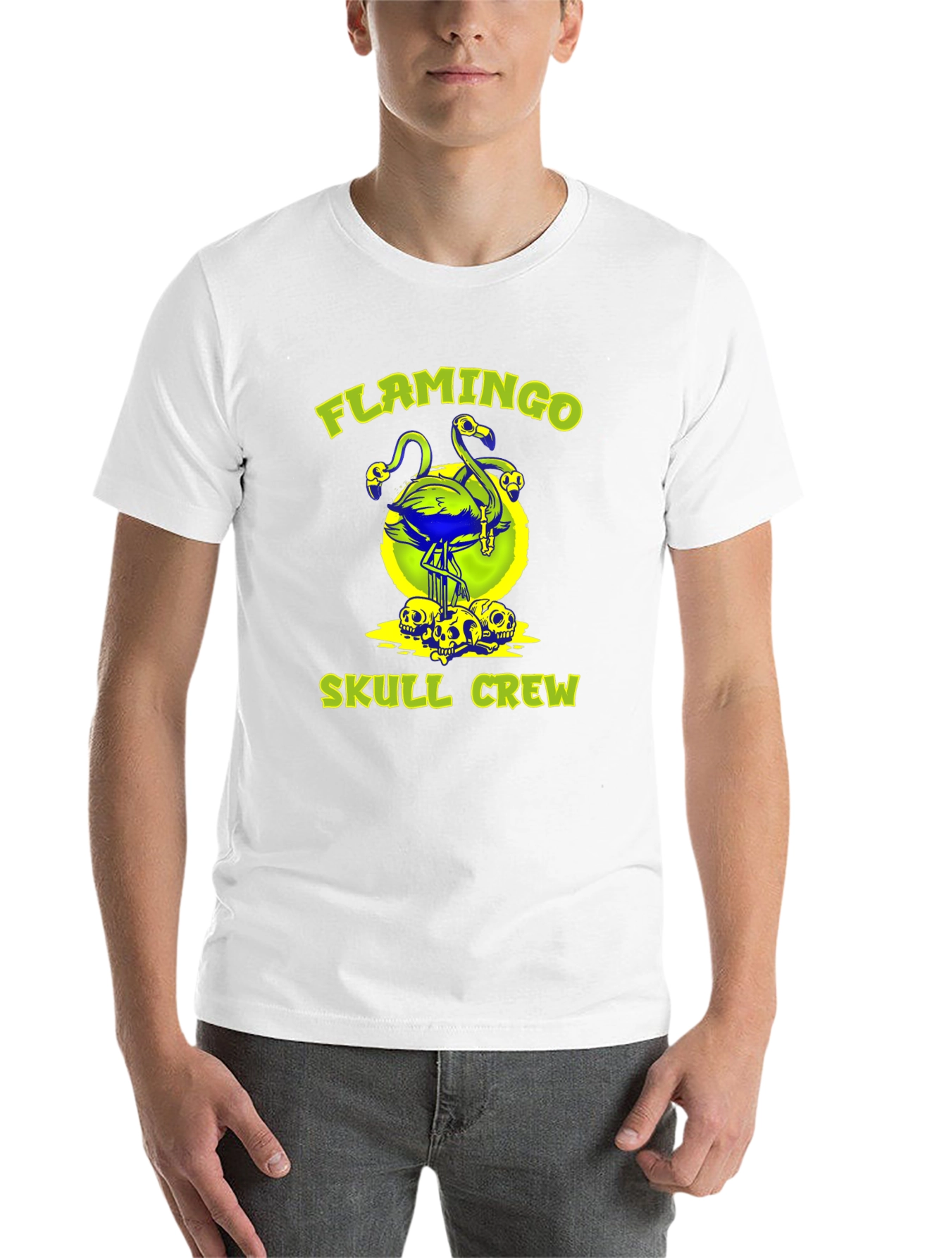 Black Flamingo Skull Crew Graphic Tee - Bold & Unique! view 14