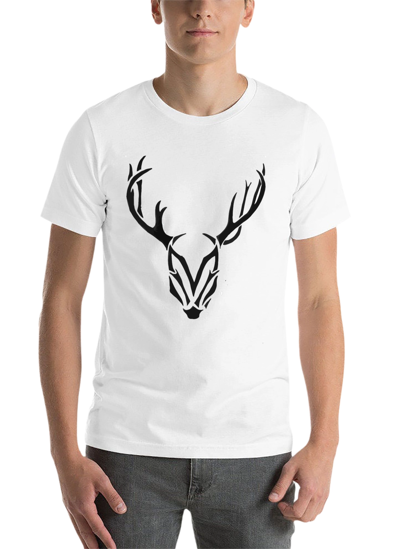 Black Men's Black T-Shirt with Stylized Deer Head Graphic view 14